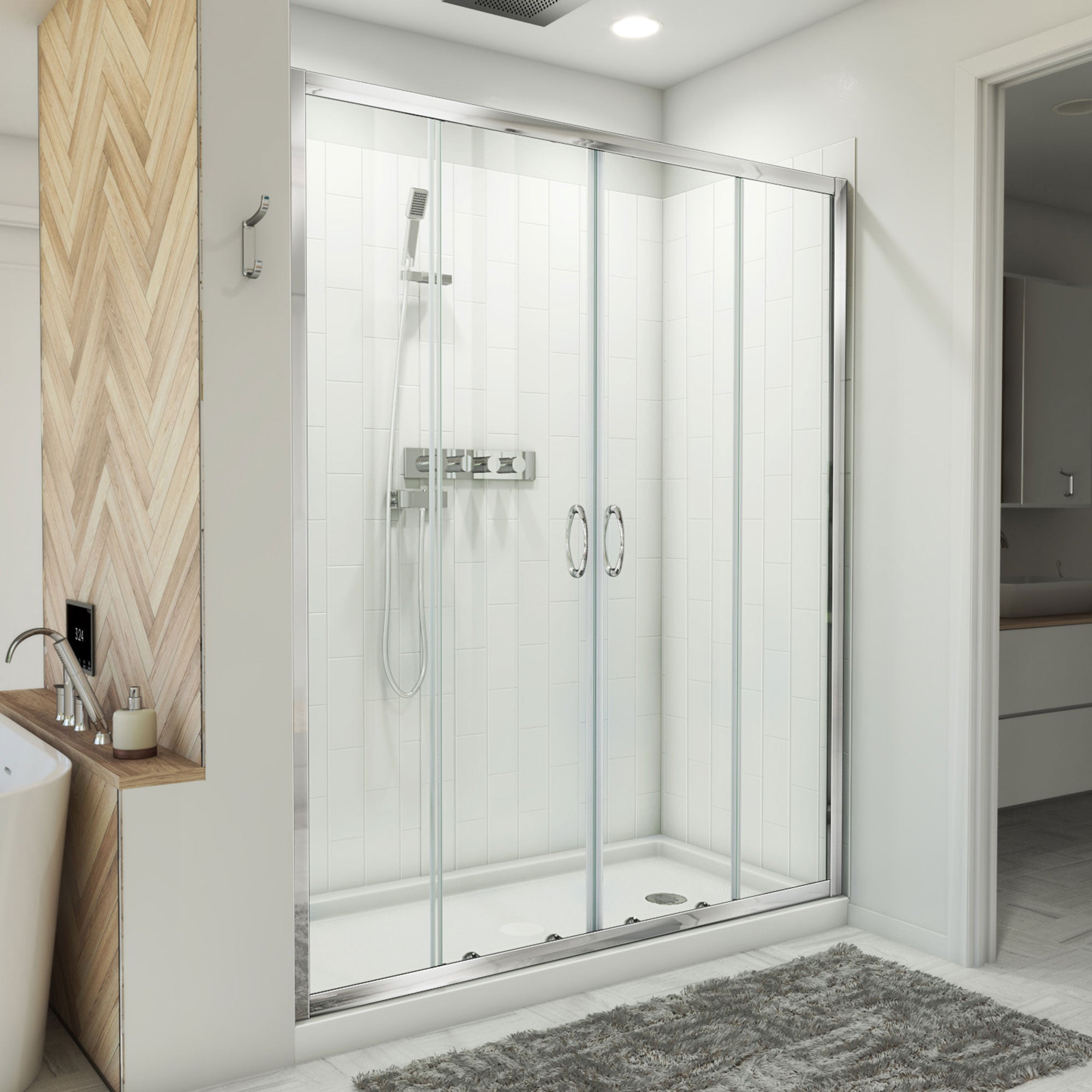 DreamLine Visions 32 inch D x 60 inch W x 78 3/4 inch H Semi-Frameless Sliding Shower Door in Brushed Nickel, Right Drain Shower Base, and Wall Kit