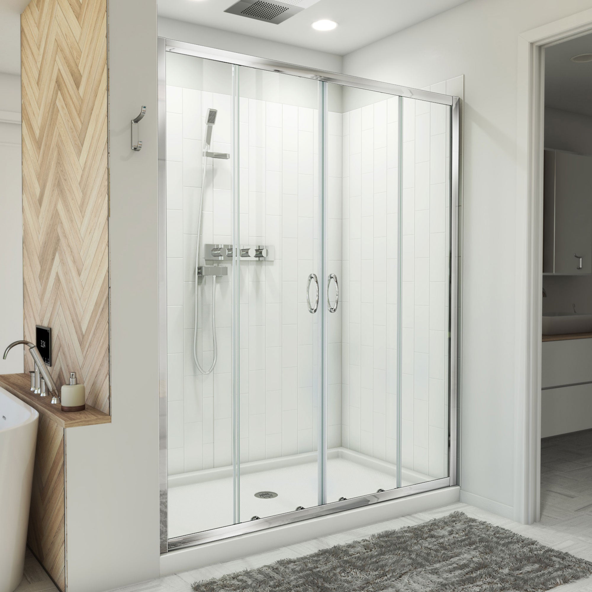 DreamLine Visions 34 inch D x 60 inch W x 78 3/4 inch H Semi-Frameless Sliding Shower Door, Shower Base, and Wall Kit