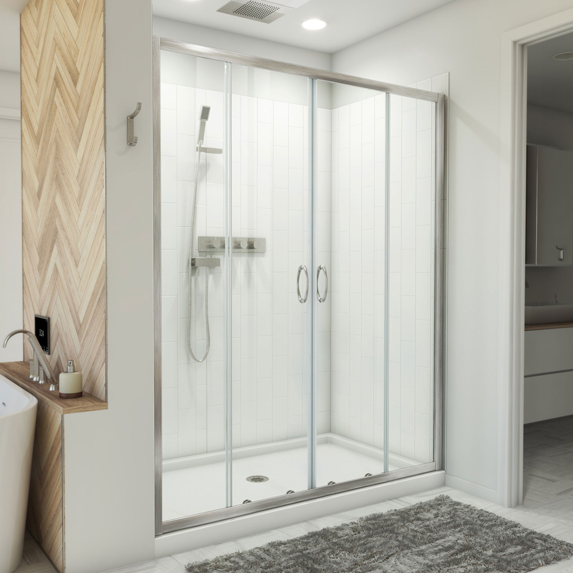 DreamLine Visions 34 inch D x 60 inch W x 78 3/4 inch H Semi-Frameless Sliding Shower Door, Shower Base, and Wall Kit