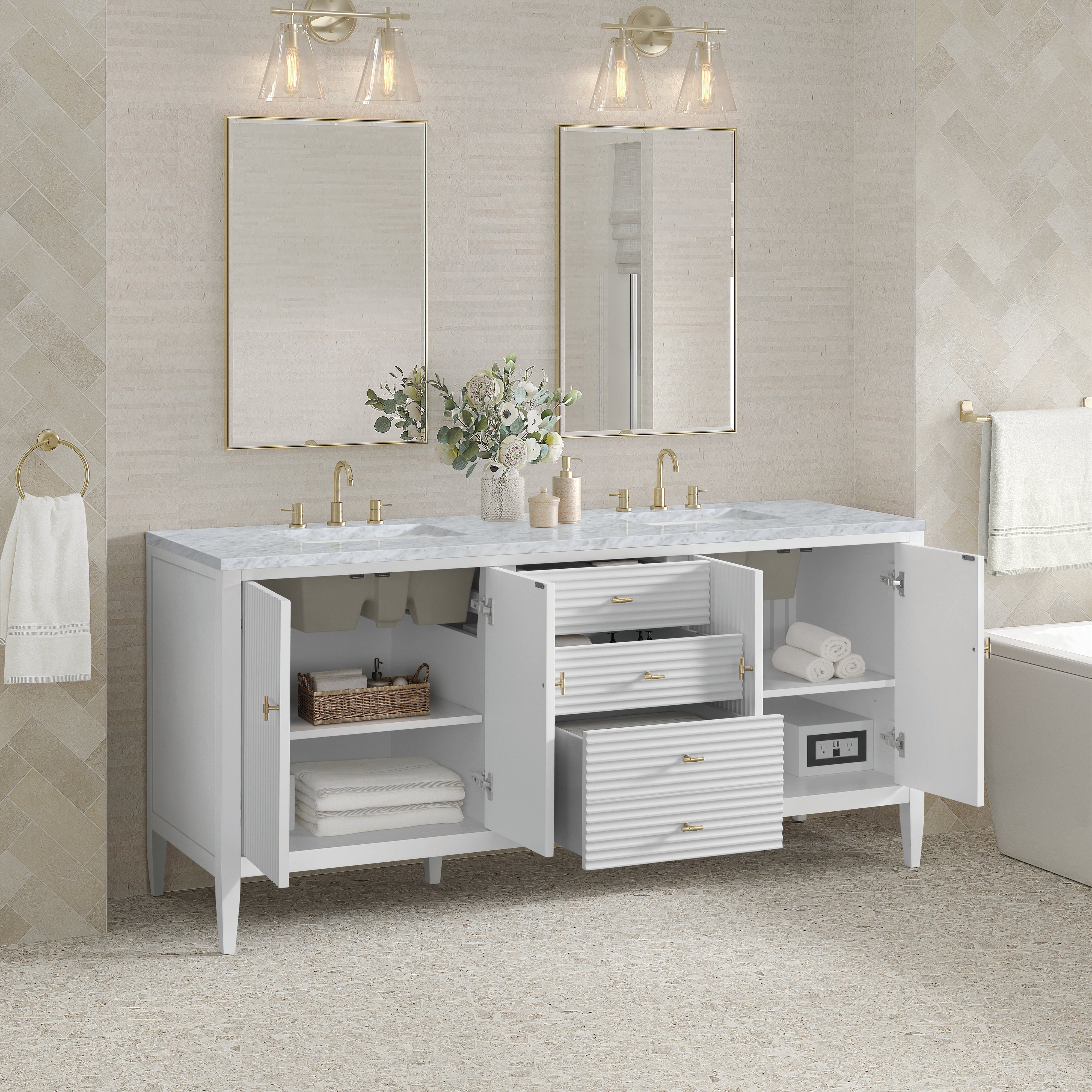 James Martin Myrrin 72" Double Vanity in Bright White with 3cm Countertop