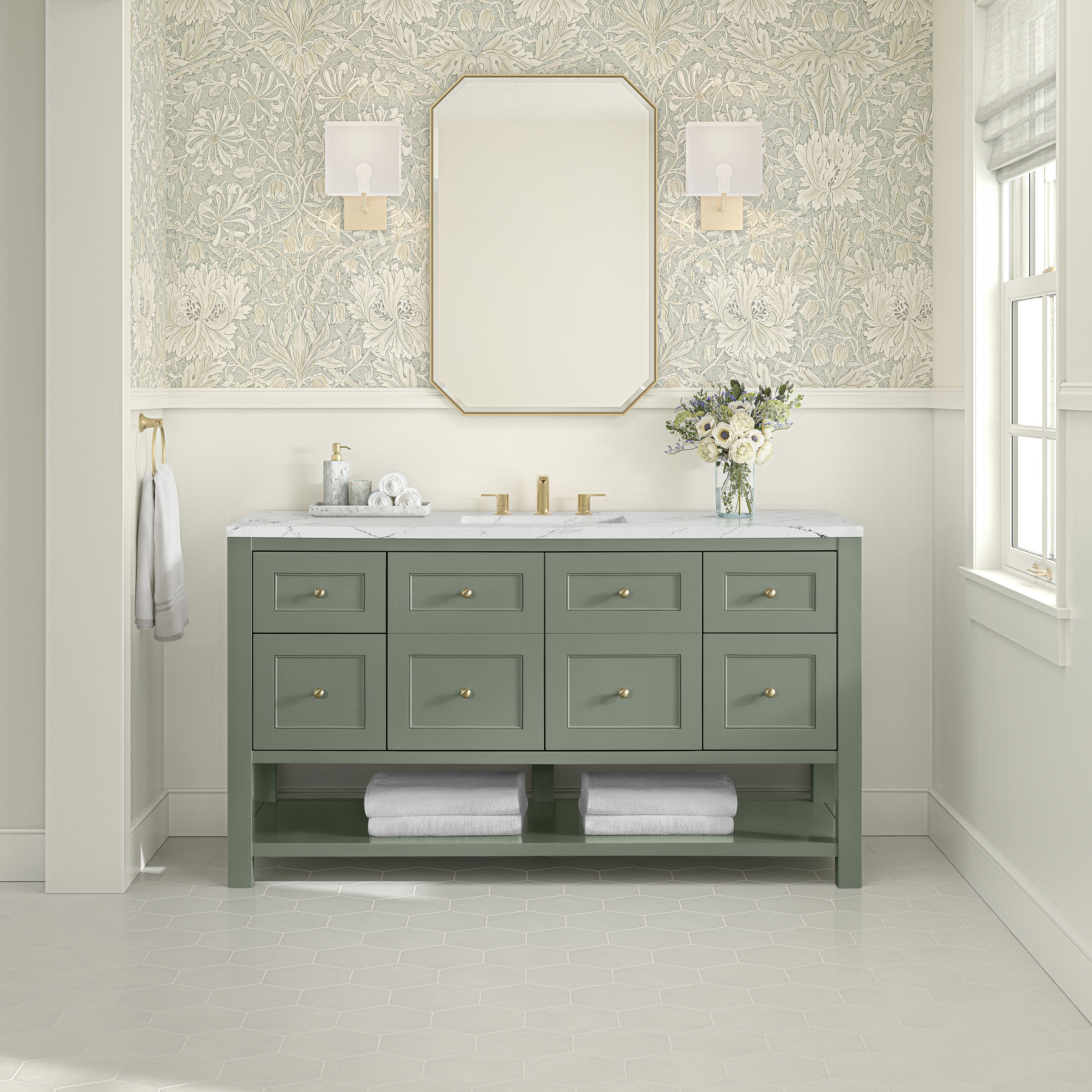 James Martin Breckenridge 60" Single Vanity in Smokey Celadon with 3cm Countertop and FreePower Wireless Charger