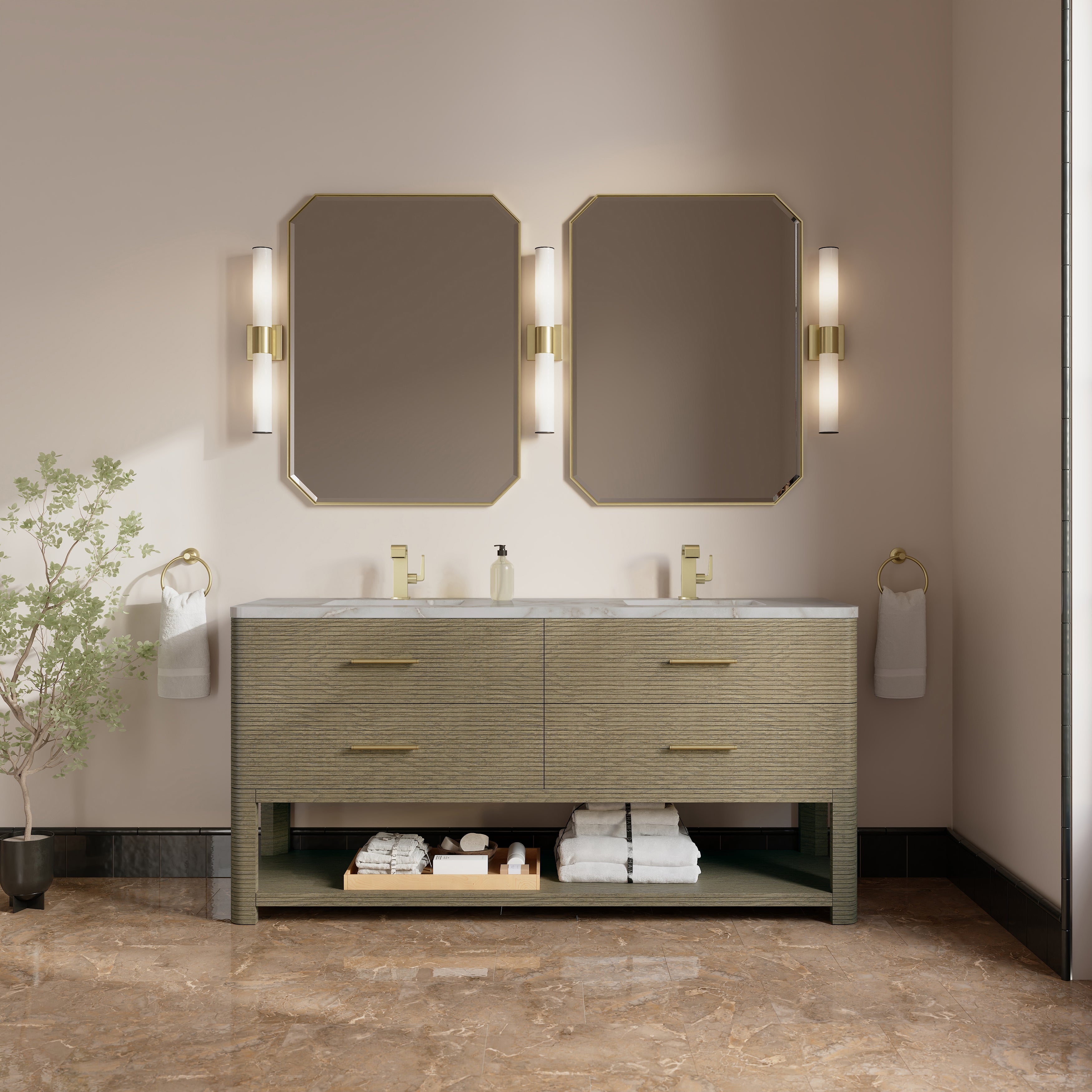 James Martin Lucian 72" Double Vanity in Pebble Oak with 3cm Countertop