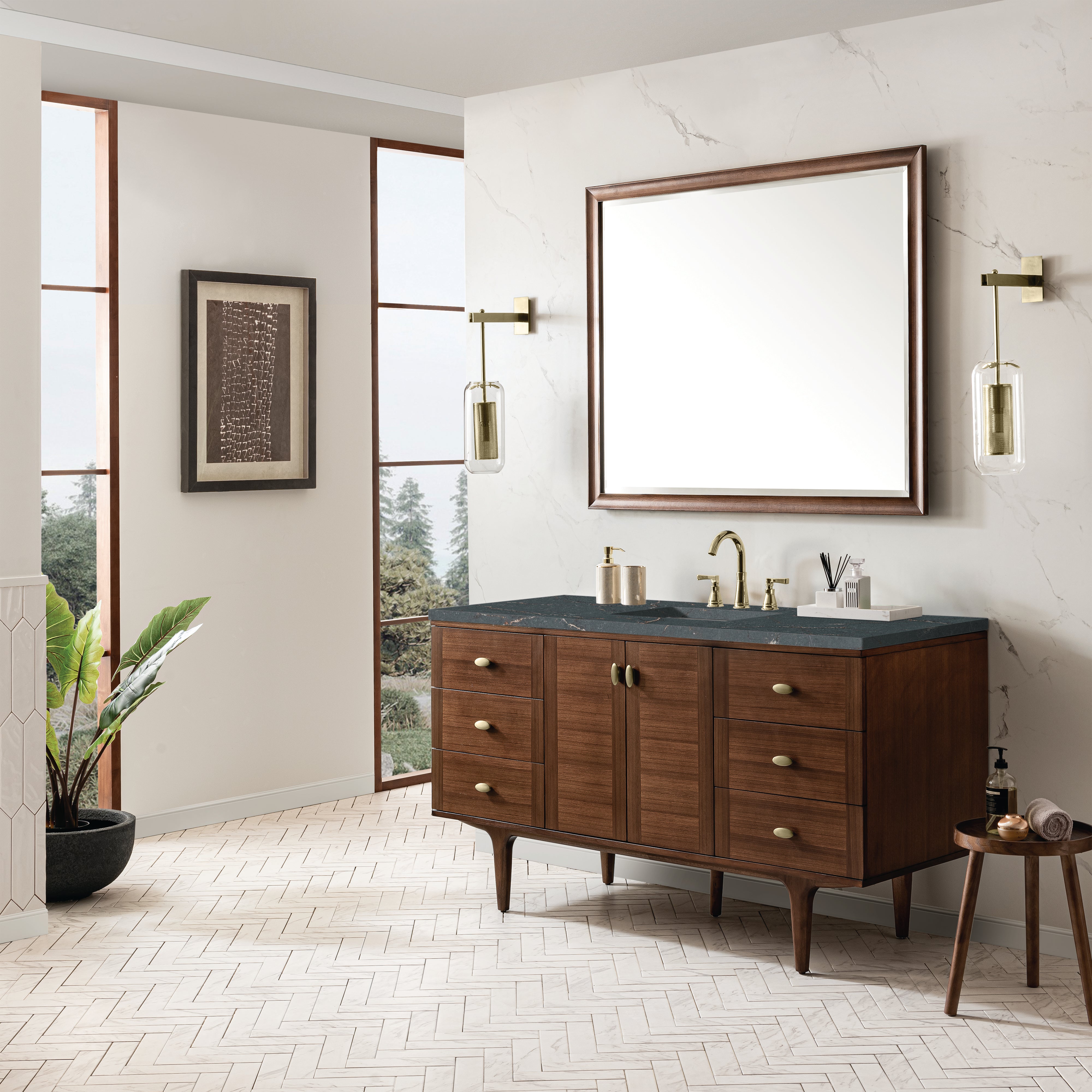 James Martin Amberly 60" Single Vanity in Mid-Century Walnut with 3cm Countertop
