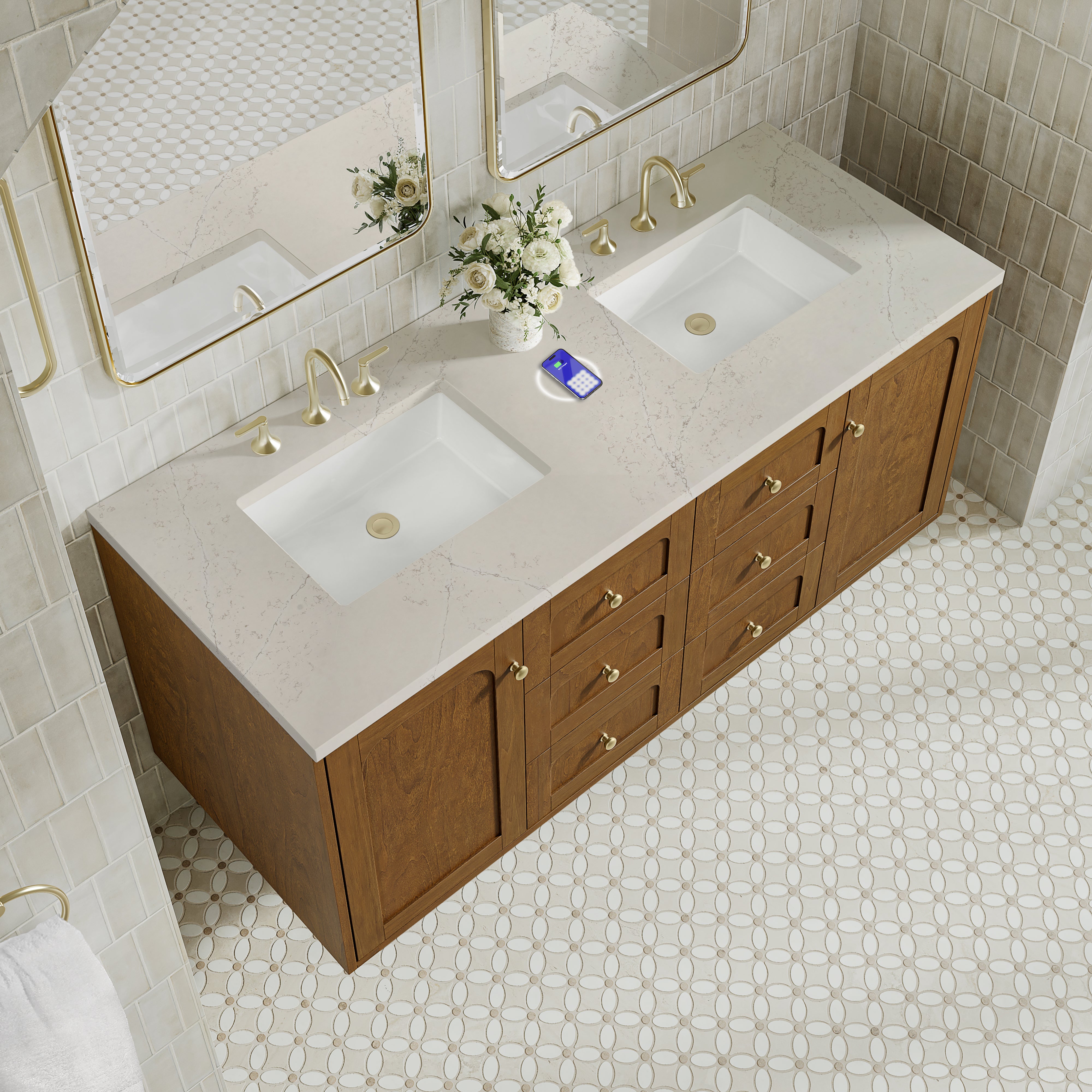 James Martin Laurent 60" Double Vanity in Honey Oak with 3cm Countertop and FreePower Wireless Charger