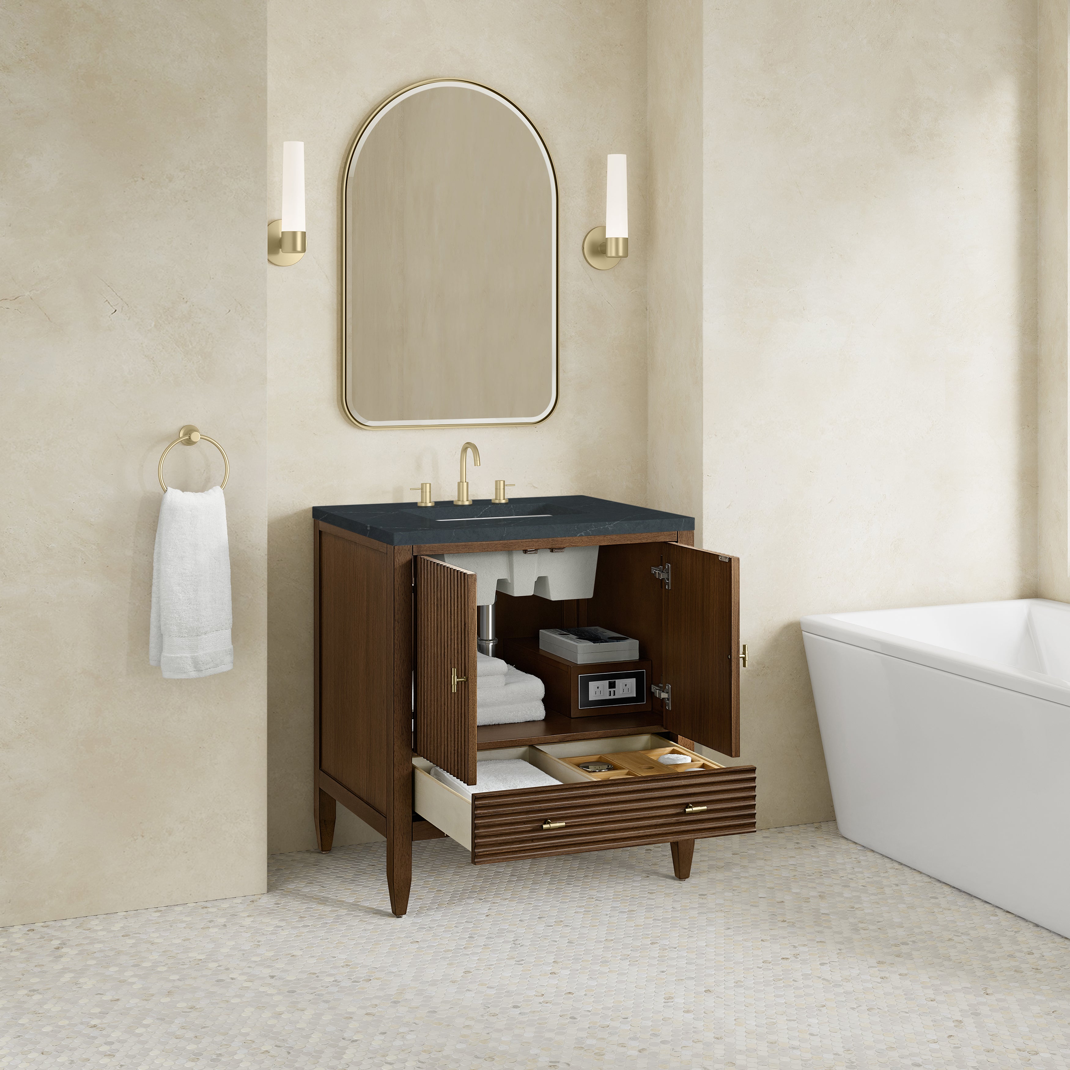 James Martin Myrrin 30" Single Vanity in Mid-Century Walnut with 3cm Countertop