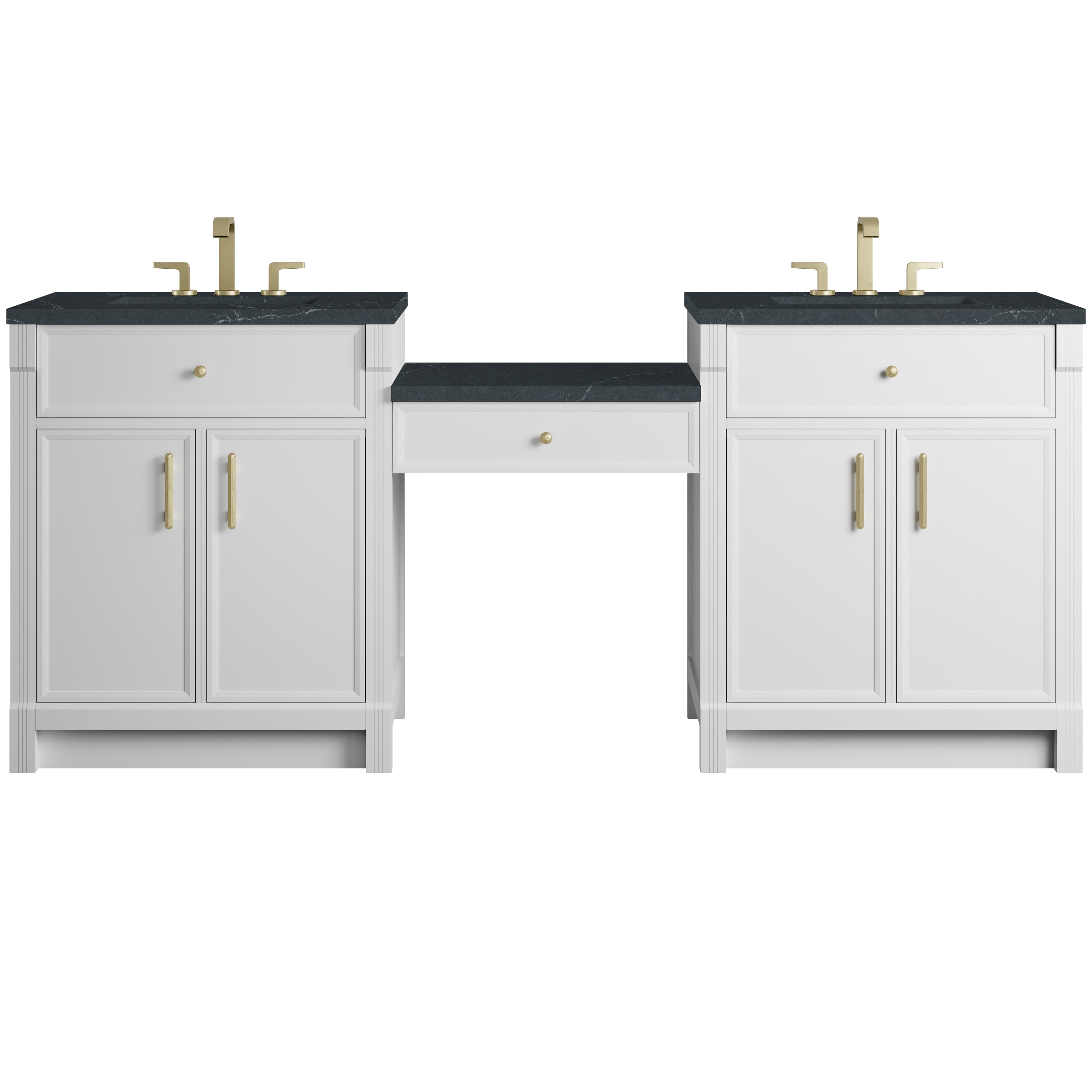 James Martin Bellshire 84" Dual Vanity Set with 24" Make-Up Counter in Bright White with 3cm Countertop