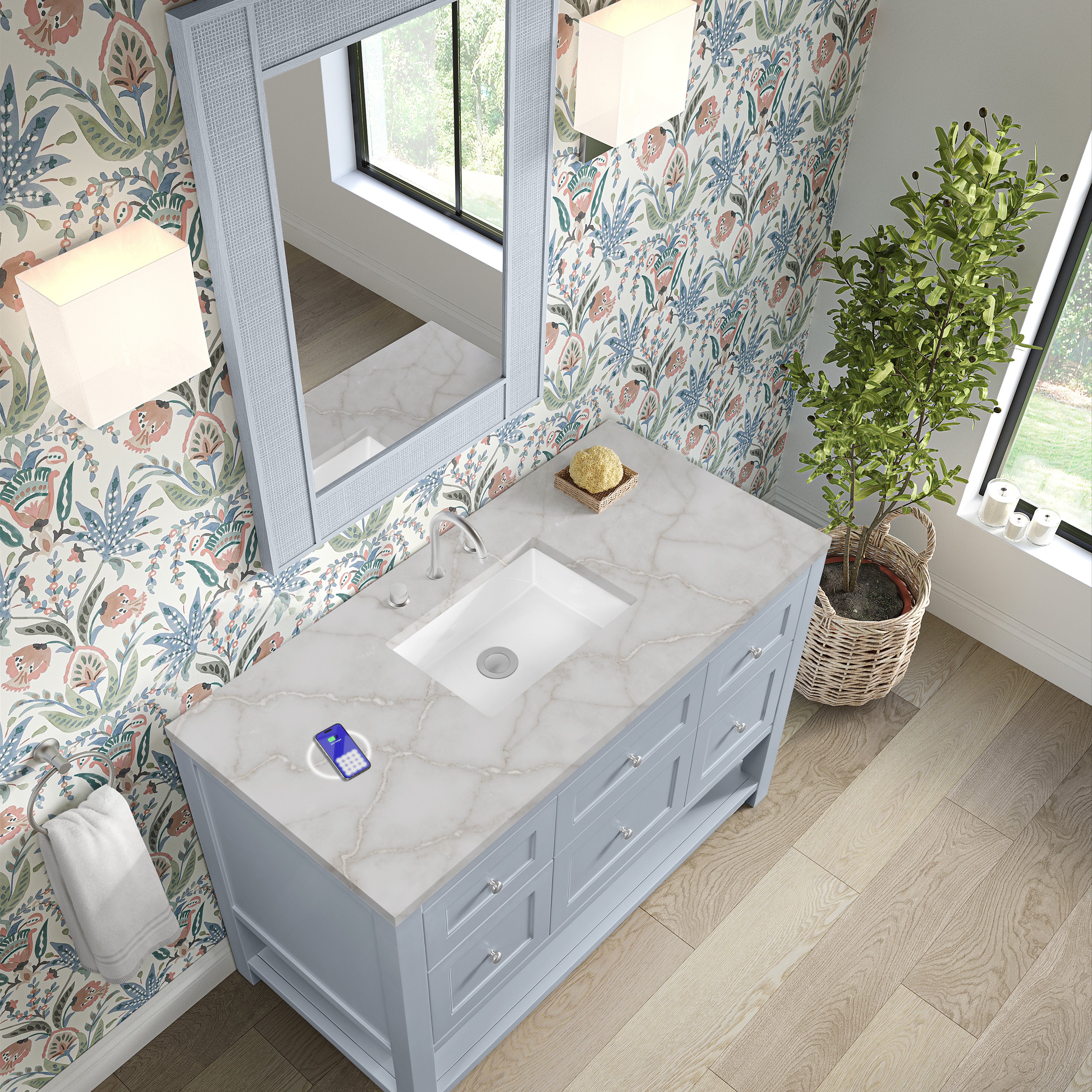 James Martin Breckenridge 48" Single Vanity in Serenity Blue with 3cm Countertop and FreePower Wireless Charger