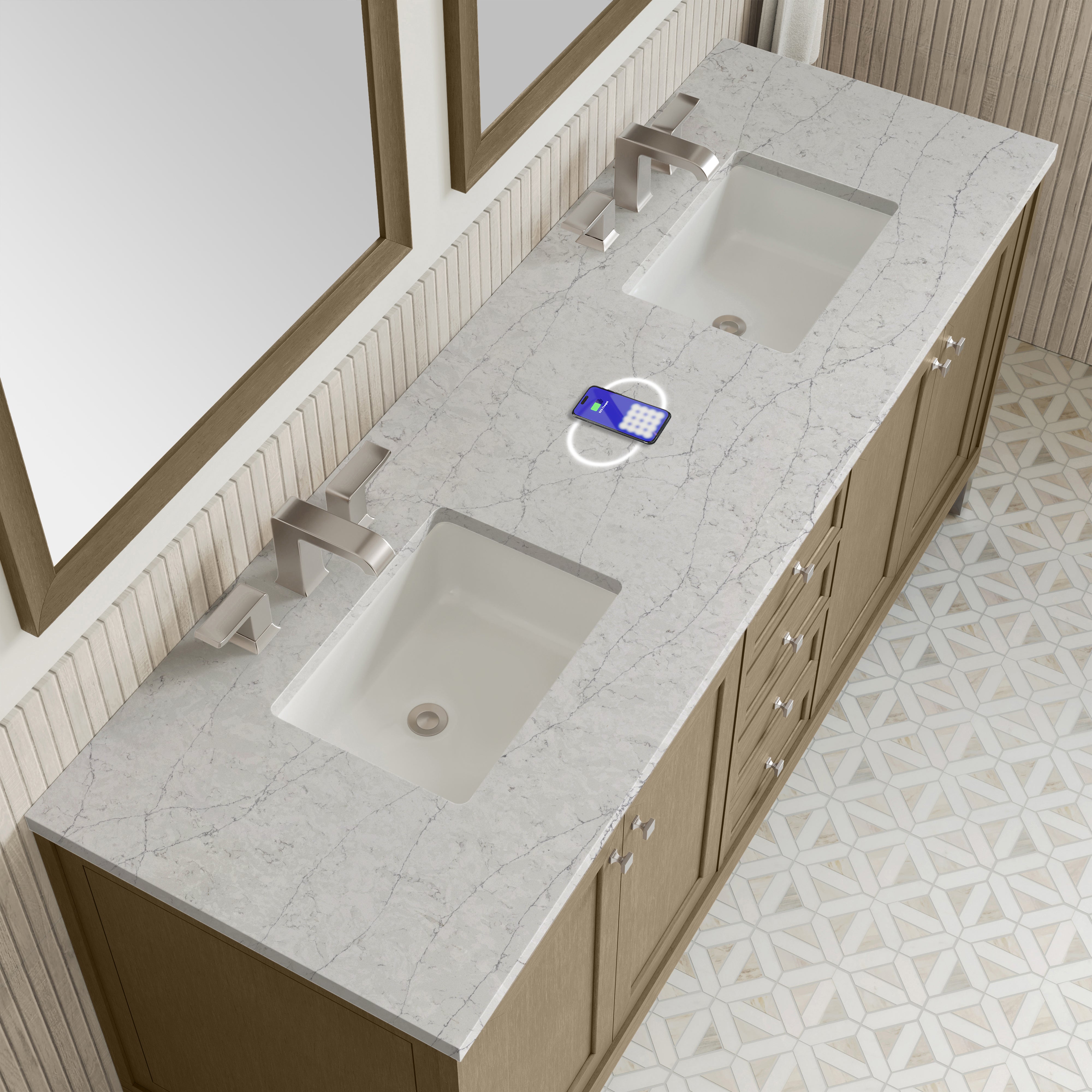 James Martin Chicago 72" Double Vanity in Walnut Whisper with 3cm Countertop and FreePower Wireless Charger