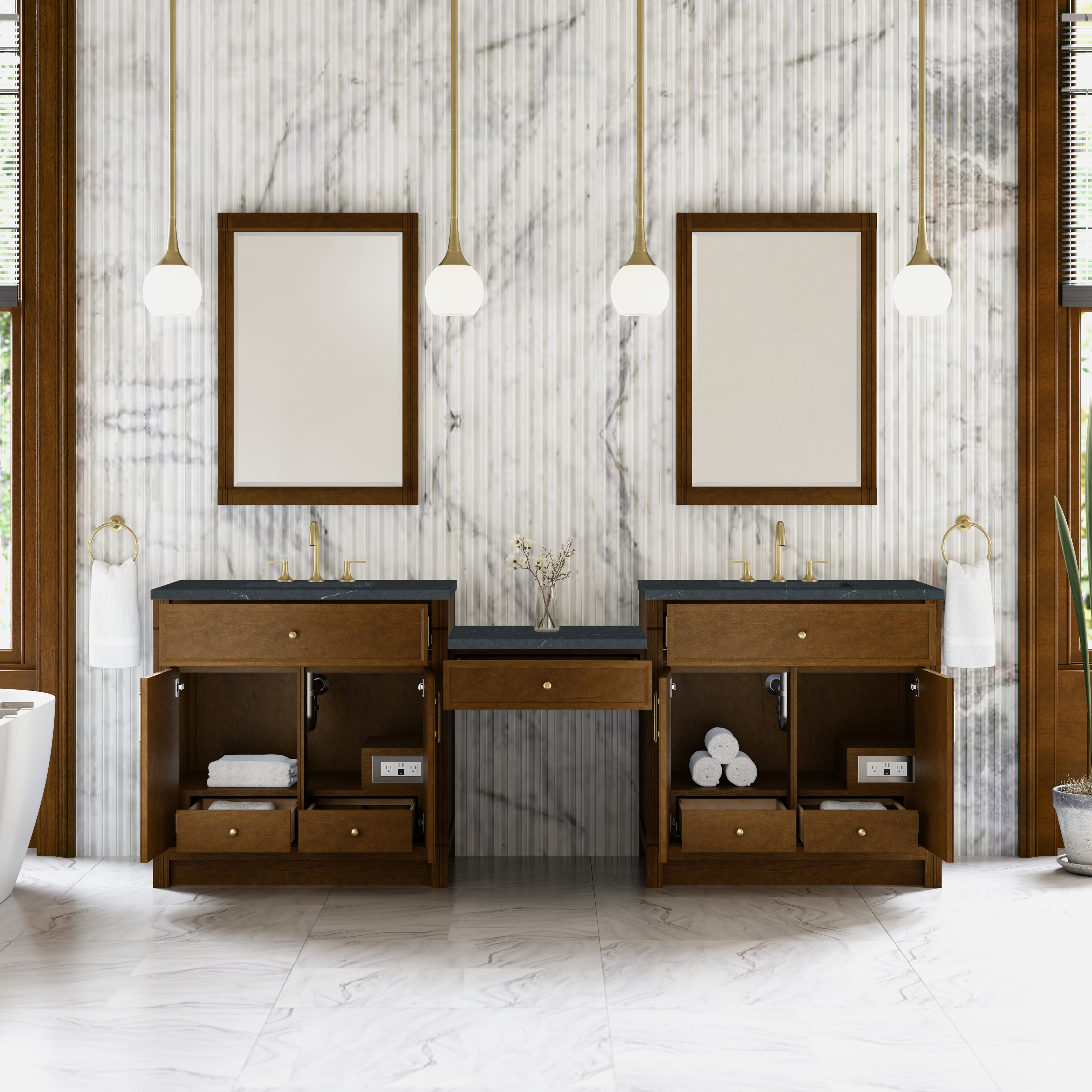 James Martin Bellshire 96" Dual Vanity Set with 24" Make-Up Counter in Honey Oak with 3cm Countertop