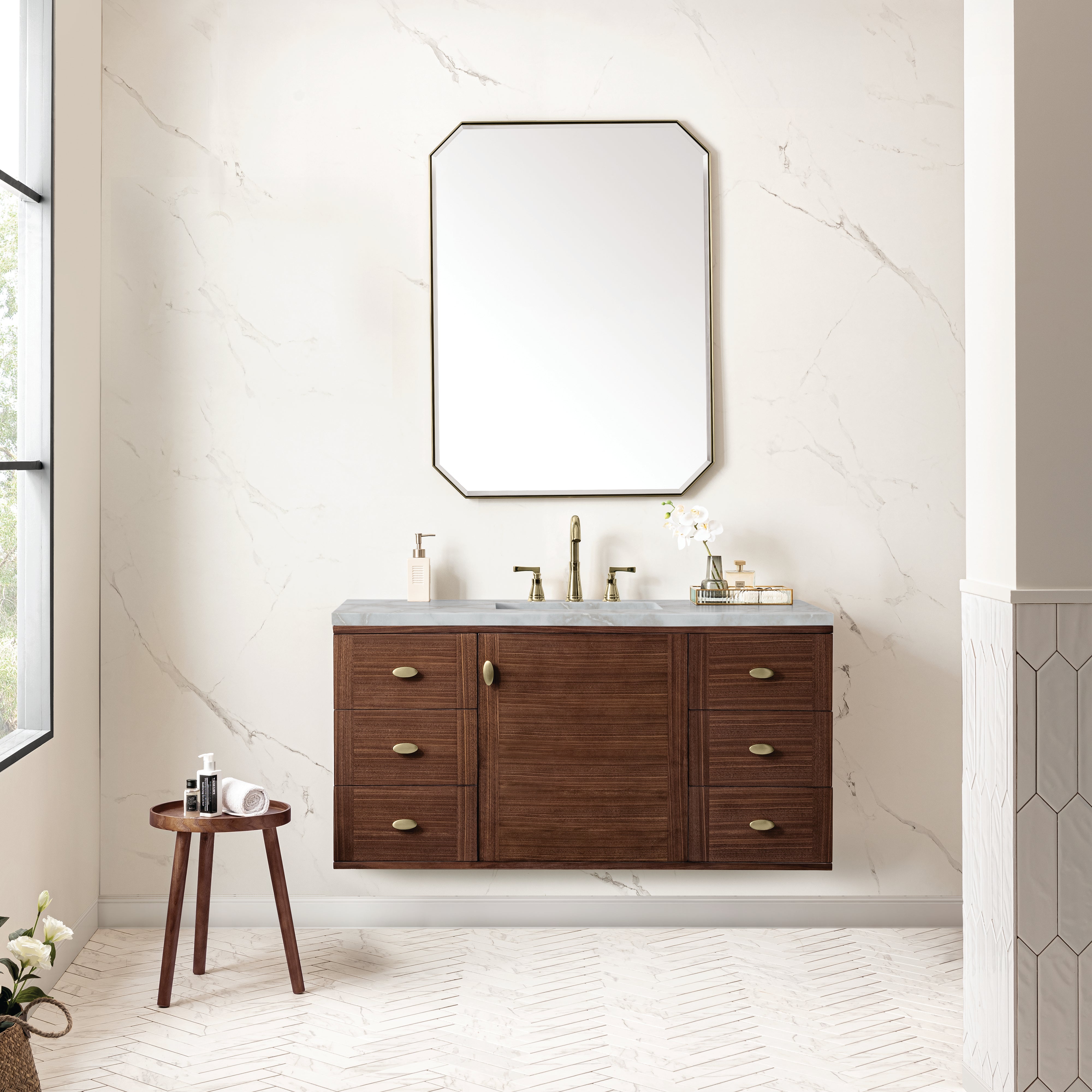 James Martin Amberly 48" Single Vanity in Mid-Century Walnut with 3cm Countertop and FreePower Wireless Charger