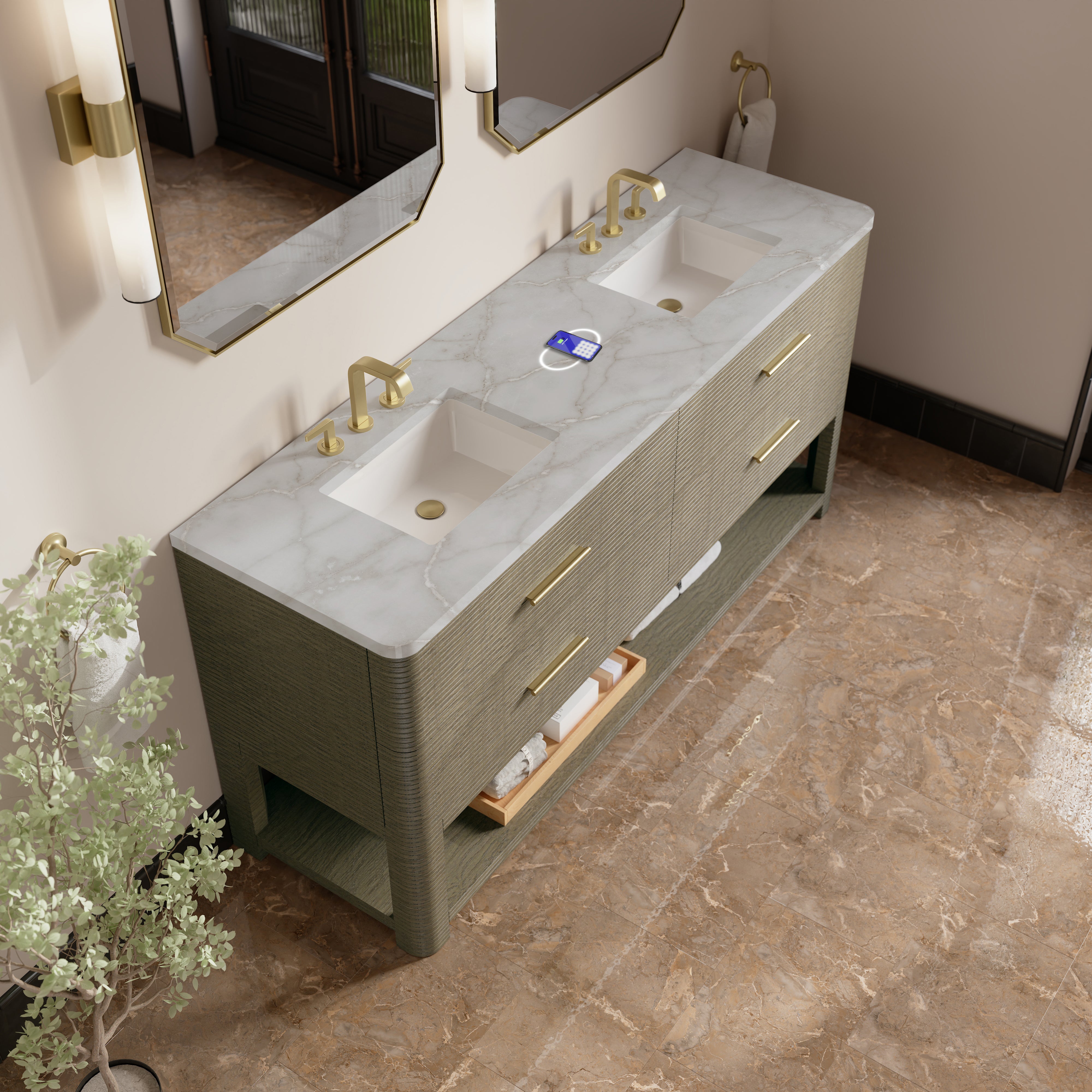 James Martin Lucian 72" Double Vanity in Pebble Oak with 3cm Countertop
