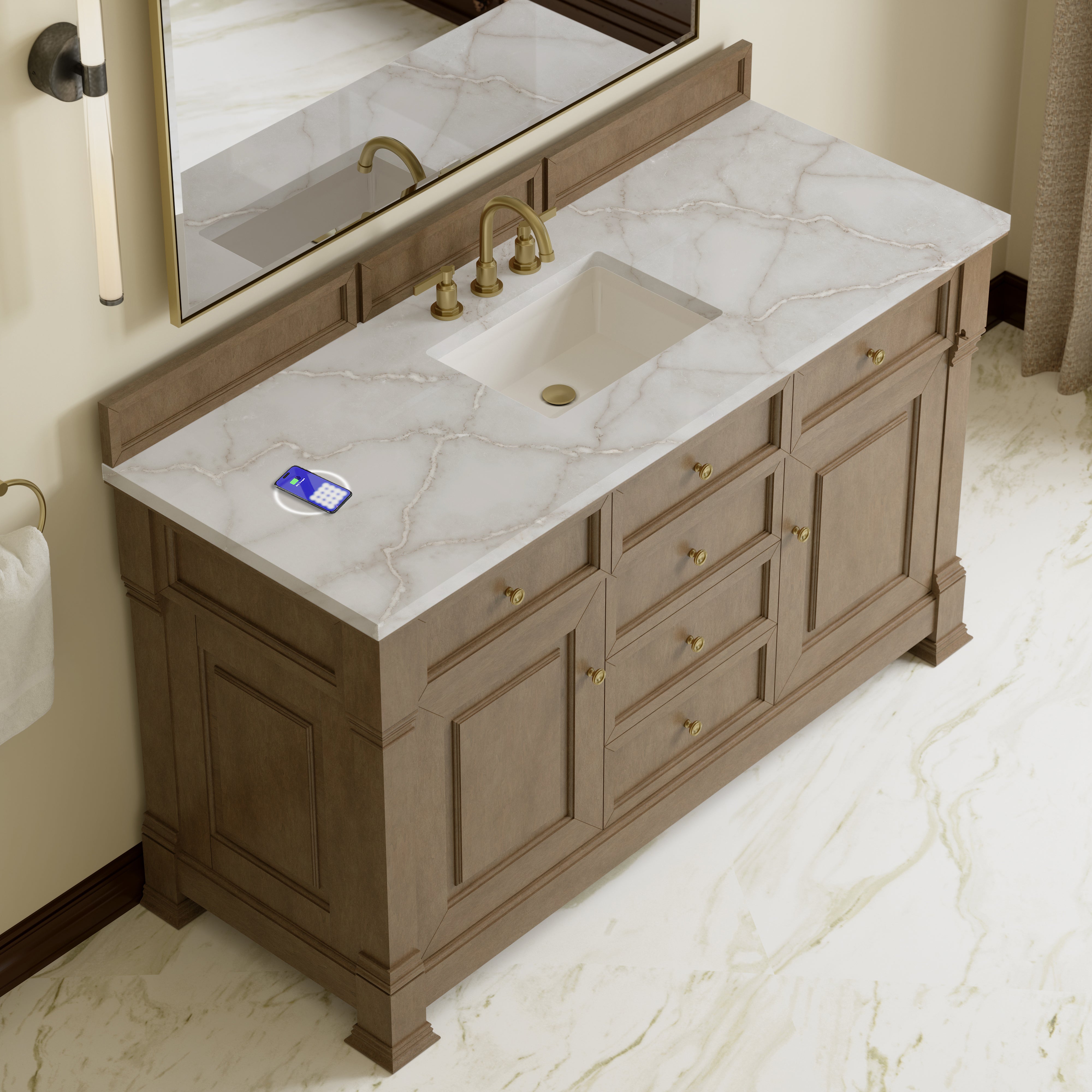 James Martin Brookfield 60" Single Vanity in Pecan with 3cm Countertop and FreePower Wireless Charger