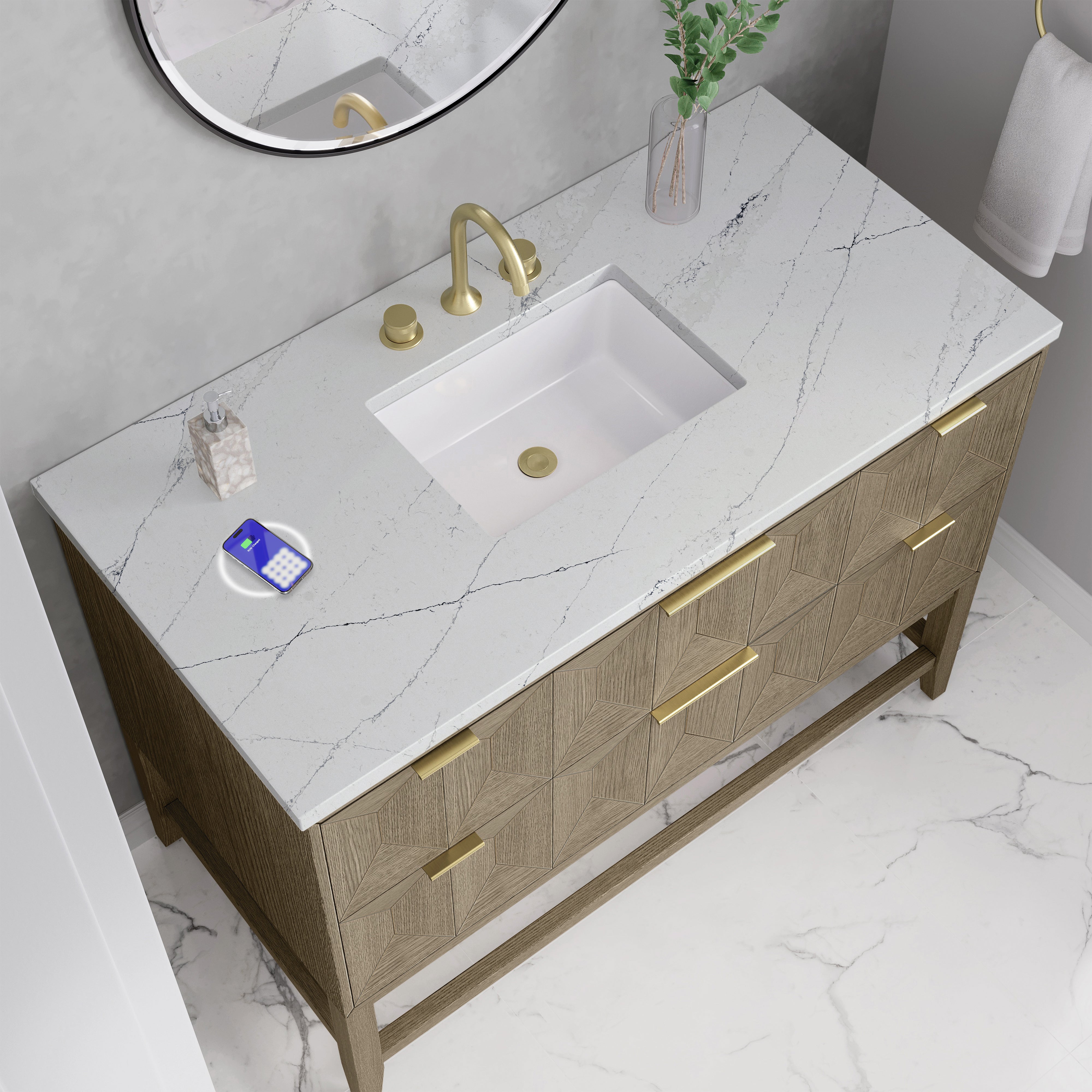 James Martin Emmeline 48" Single Vanity in Pebble Oak with 3cm Countertop and FreePower Wireless Charger