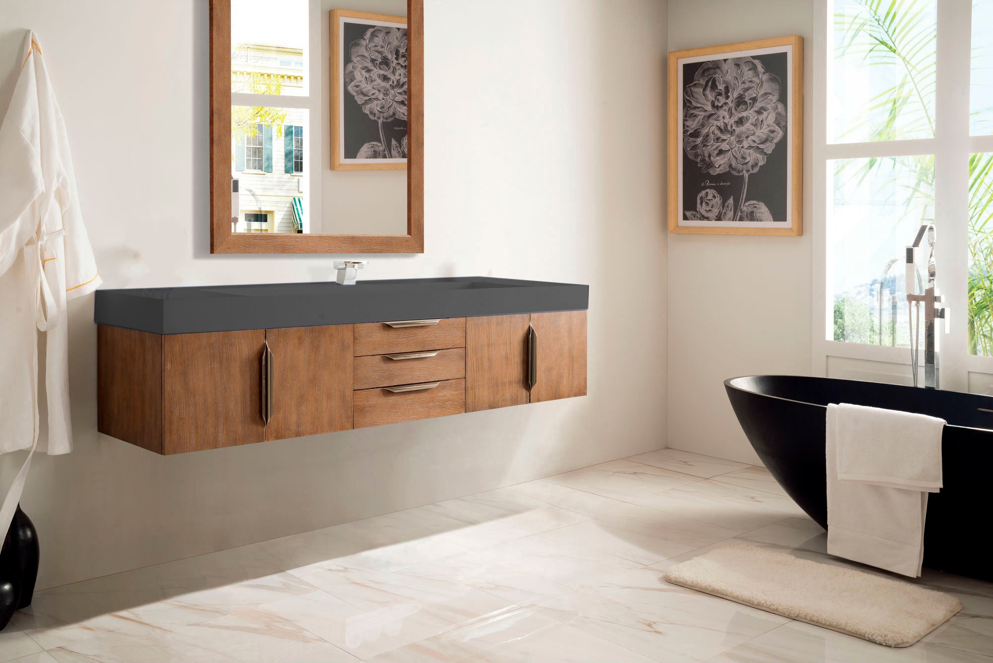 James Martin Mercer Island 72" Single Vanity in Latte Oak with Dusk Grey Glossy Composite Stone Top