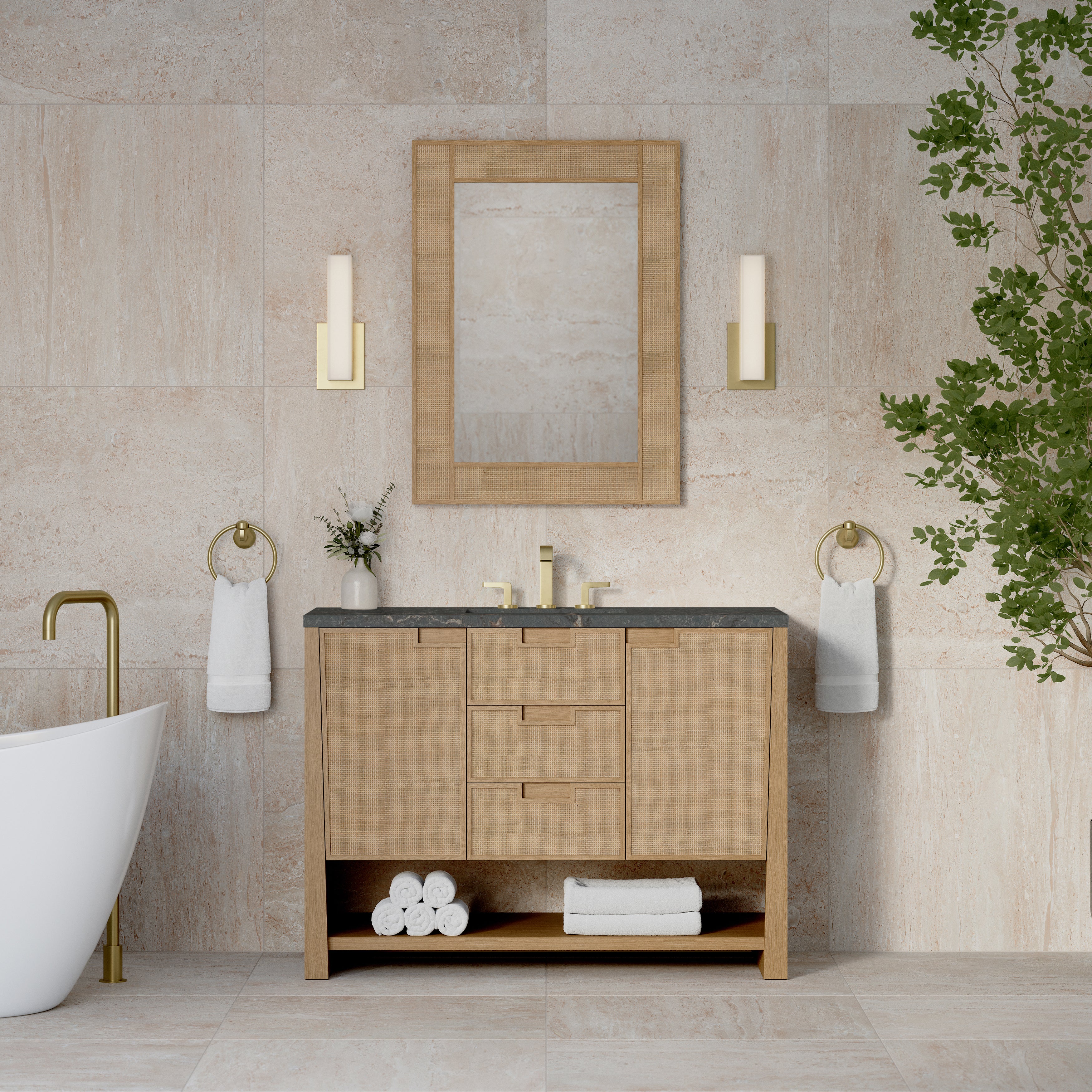 James Martin Solene 48" Single Vanity in Seaside Oak with 3cm Countertop and FreePower Wireless Charger