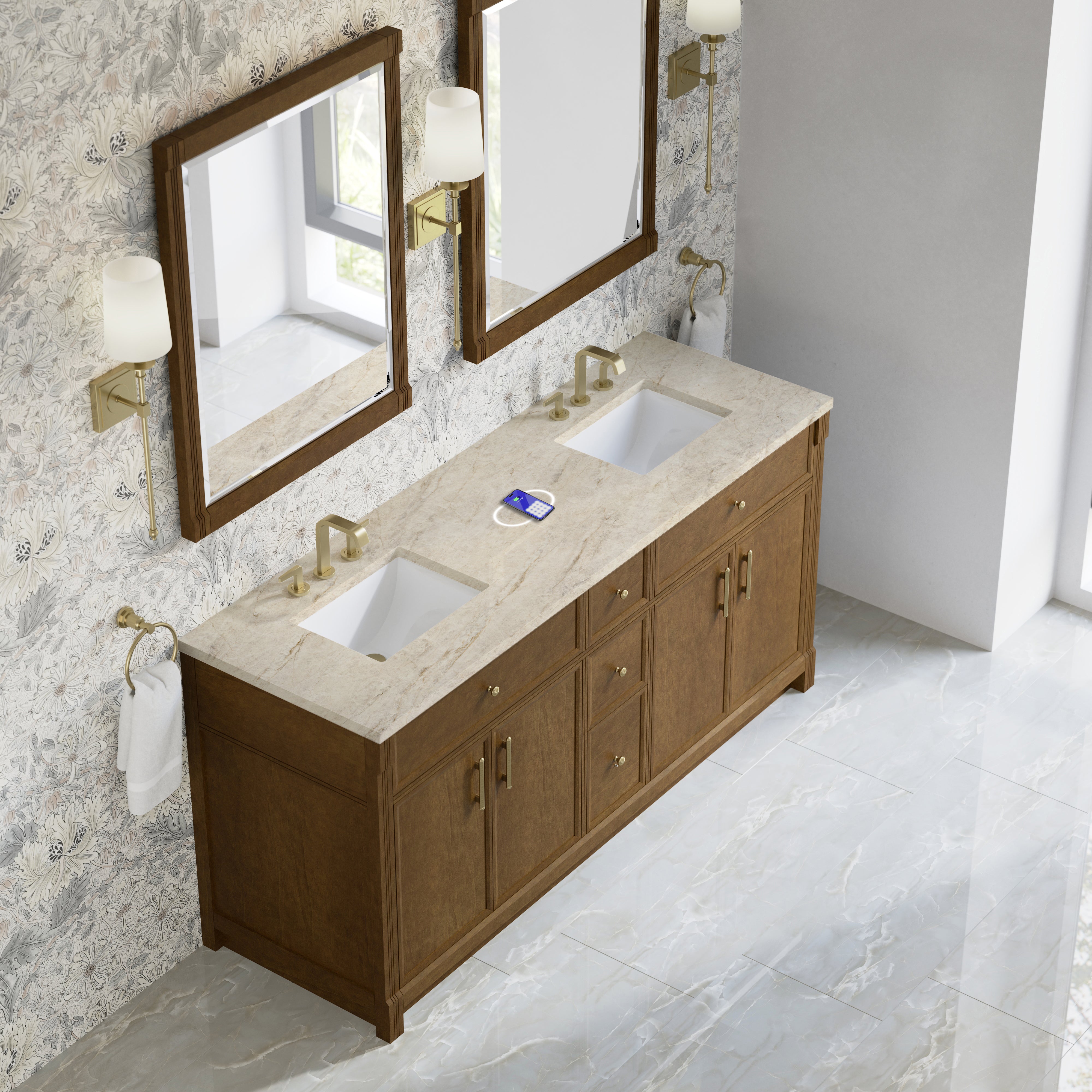 James Martin Bellshire 72" Double Vanity in Honey Oak with 3cm Countertop and FreePower Wireless Charger