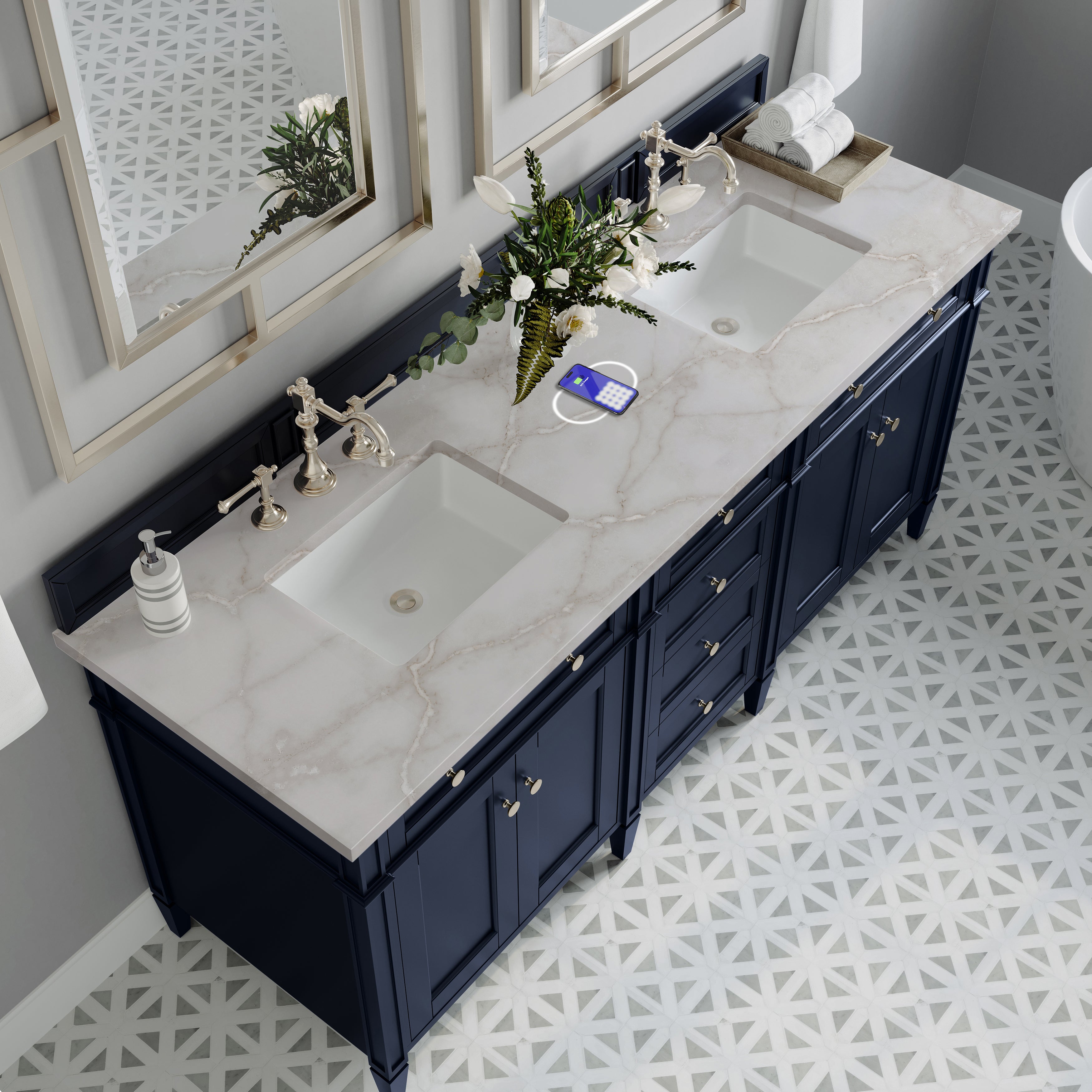 James Martin Brittany 72" Double Vanity in Victory Bleu with 3cm Countertop and FreePower Wireless Charger
