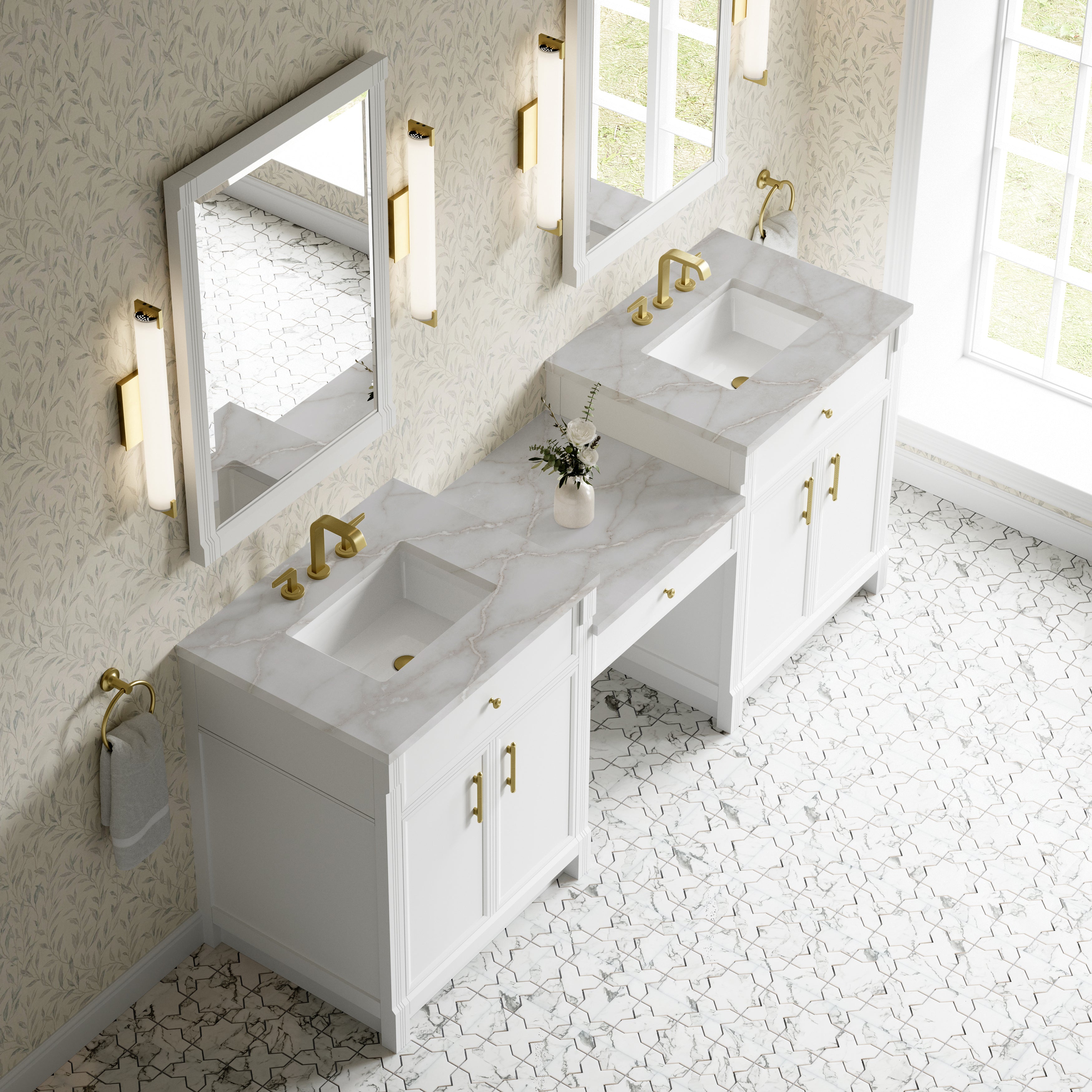 James Martin Bellshire 84" Dual Vanity Set with 24" Make-Up Counter in Bright White with 3cm Countertop