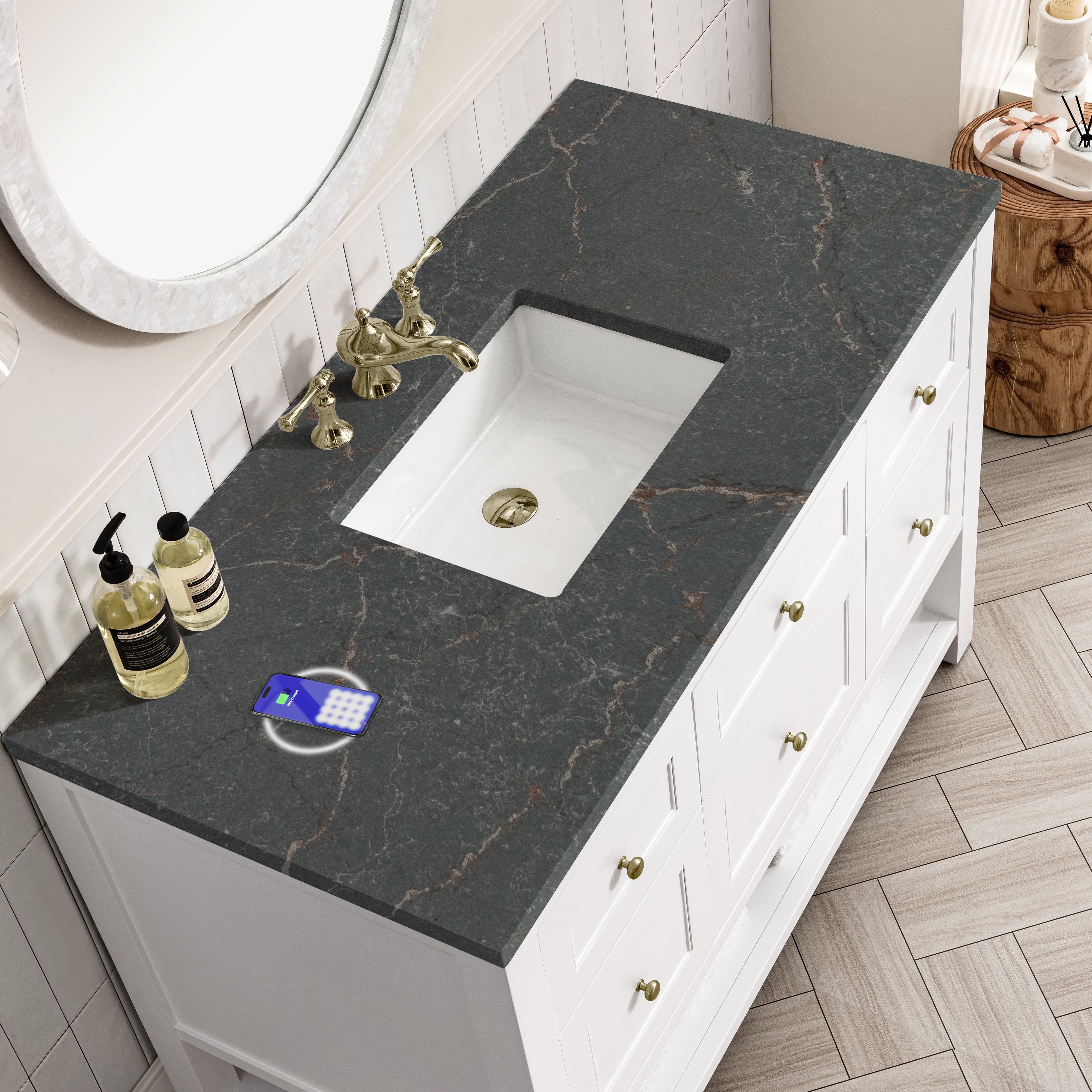 James Martin Breckenridge 48" Single Vanity in Bright White with 3cm Countertop and FreePower Wireless Charger