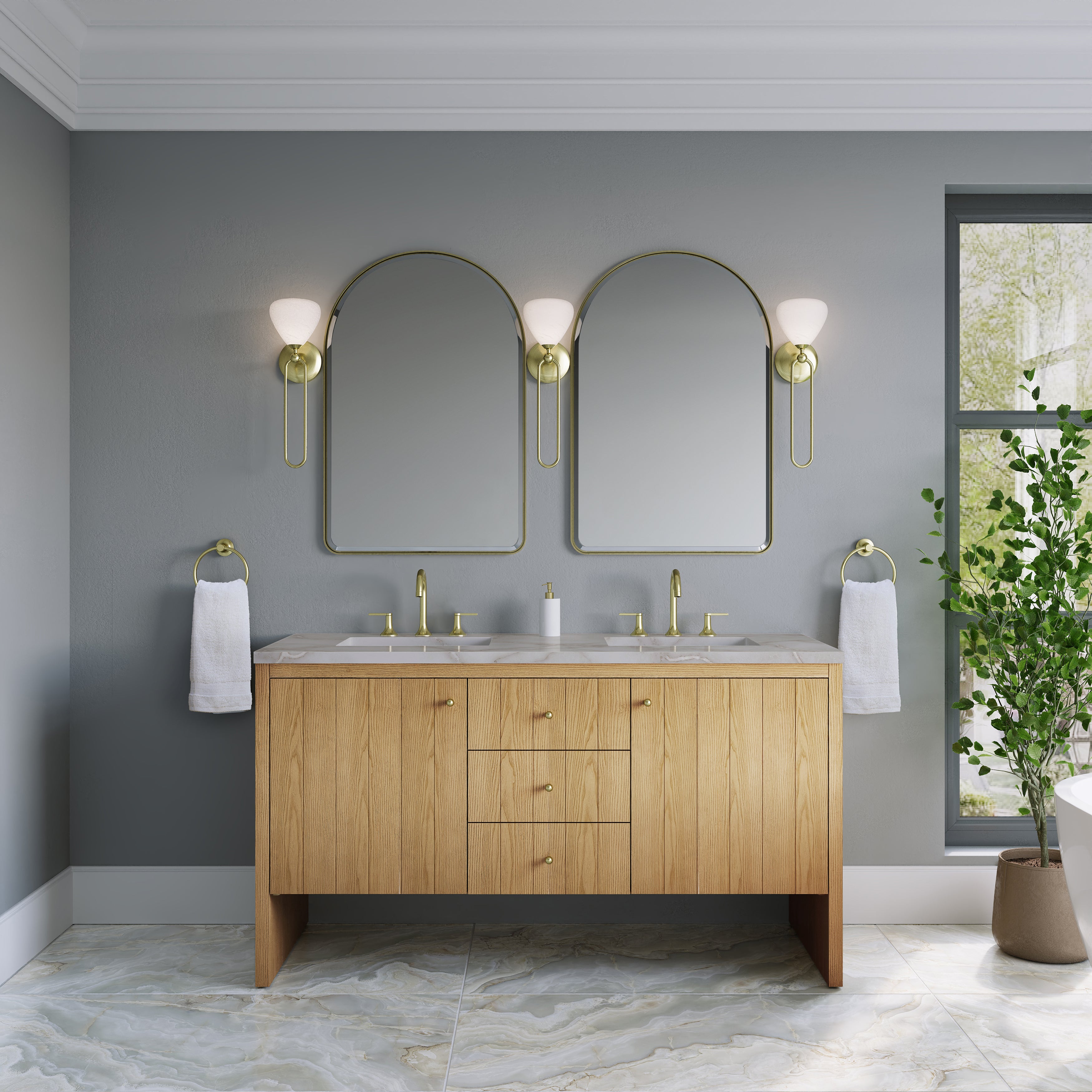 James Martin Hudson 60" Double Vanity in Light Natural Oak with 3cm Countertop and FreePower Wireless Charger