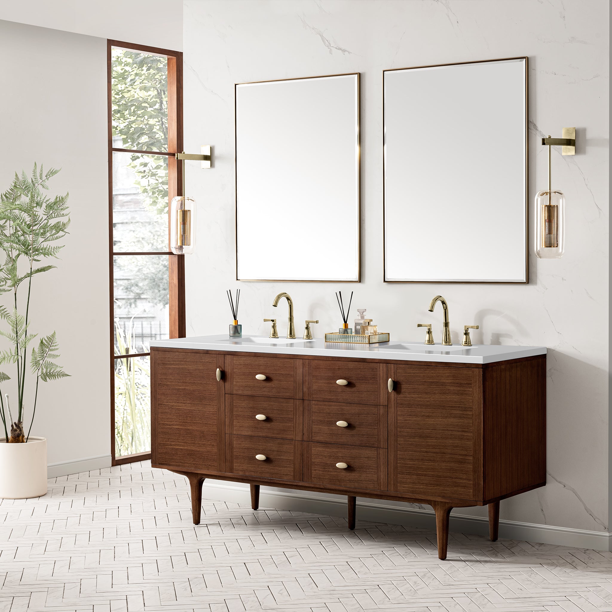James Martin Amberly 72" Double Vanity in Mid-Century Walnut with 3cm Countertop