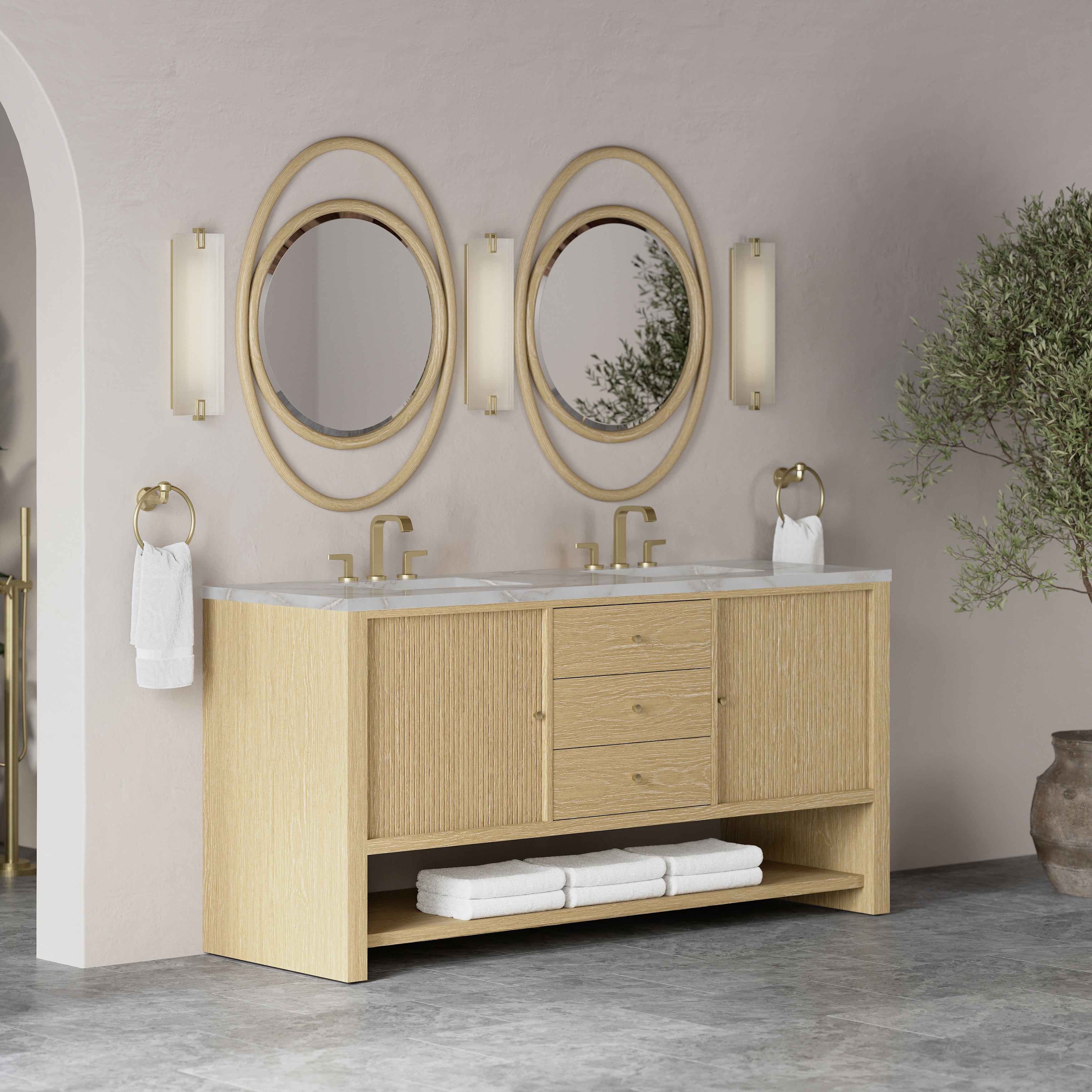 James Martin Marigot 72" Double Vanity in Sunwashed Oak with 3cm Countertop and FreePower Wireless Charger