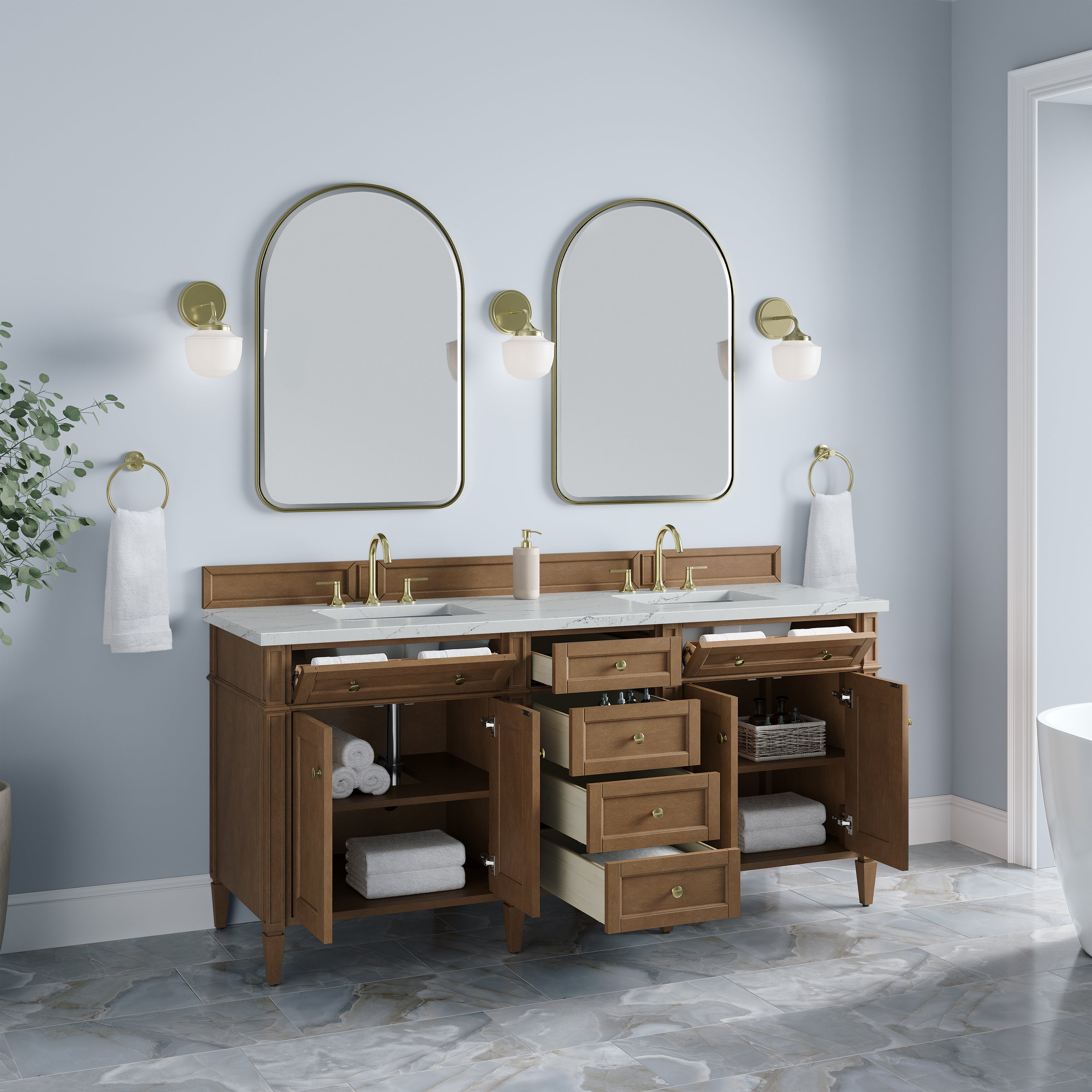 James Martin Brittany 72" Double Vanity in Pecan with 3cm Countertop and FreePower Wireless Charger