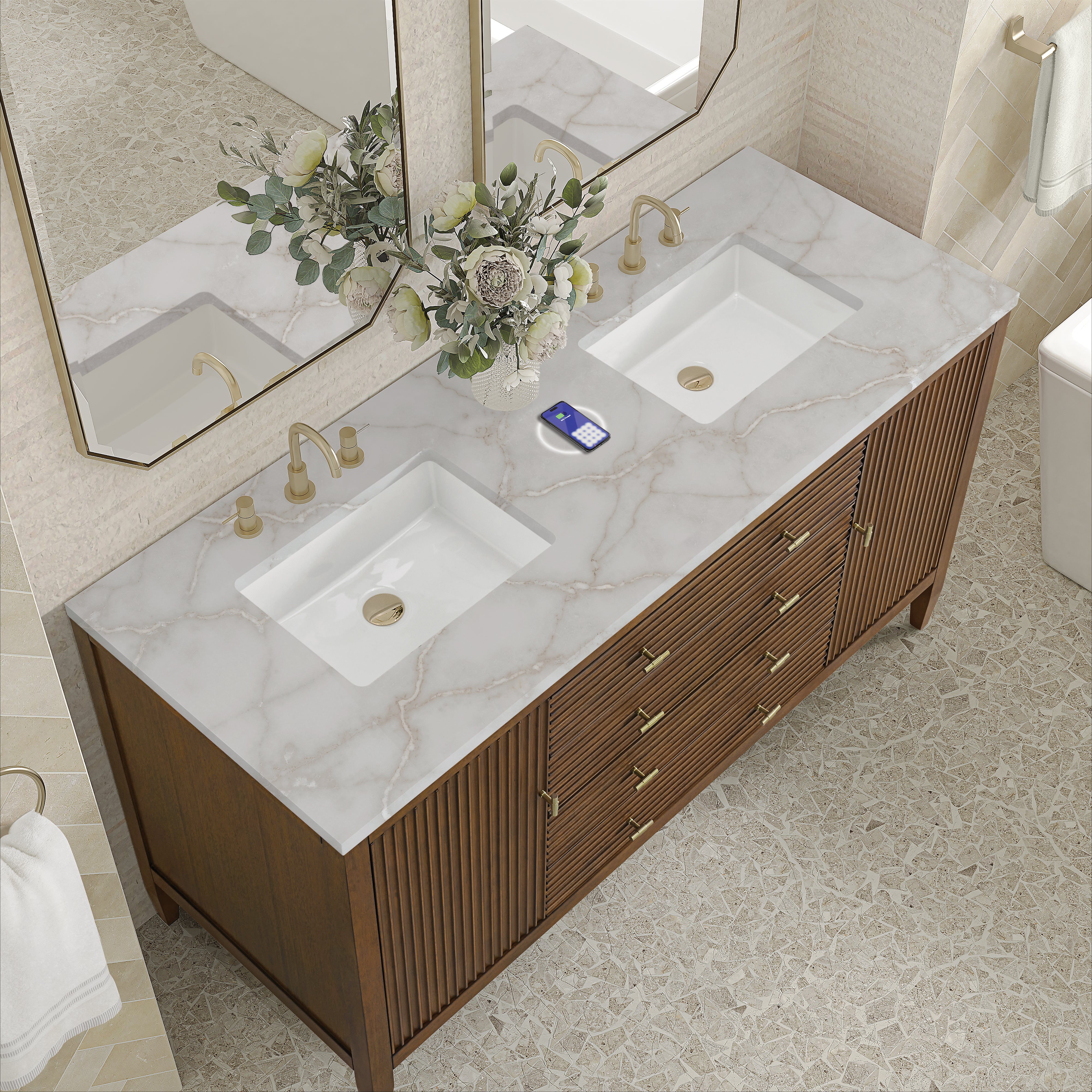 James Martin Myrrin 60" Double Vanity in Mid Century Walnut with 3cm Countertop and FreePower Wireless Charger