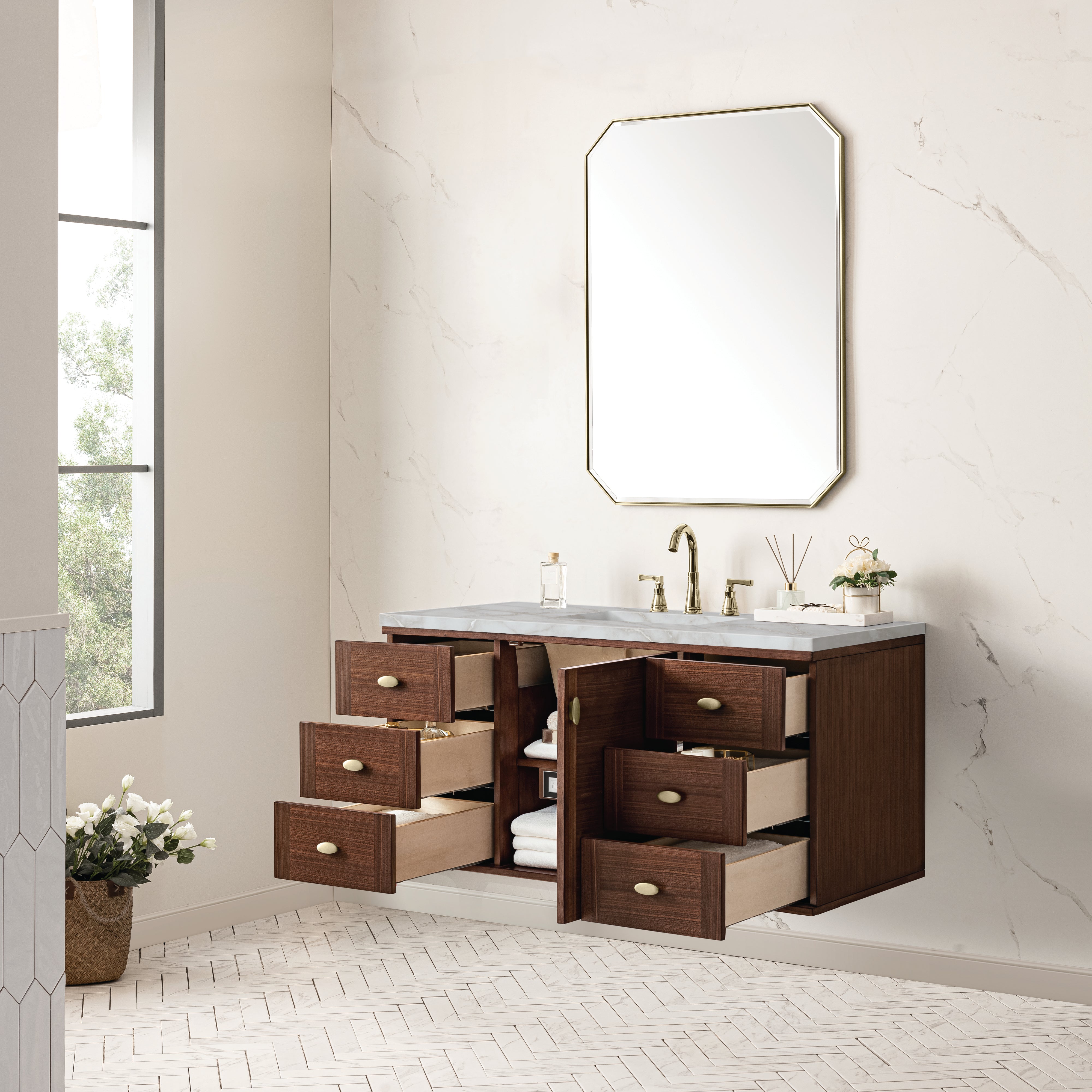 James Martin Amberly 48" Single Vanity in Mid-Century Walnut with 3cm Countertop and FreePower Wireless Charger