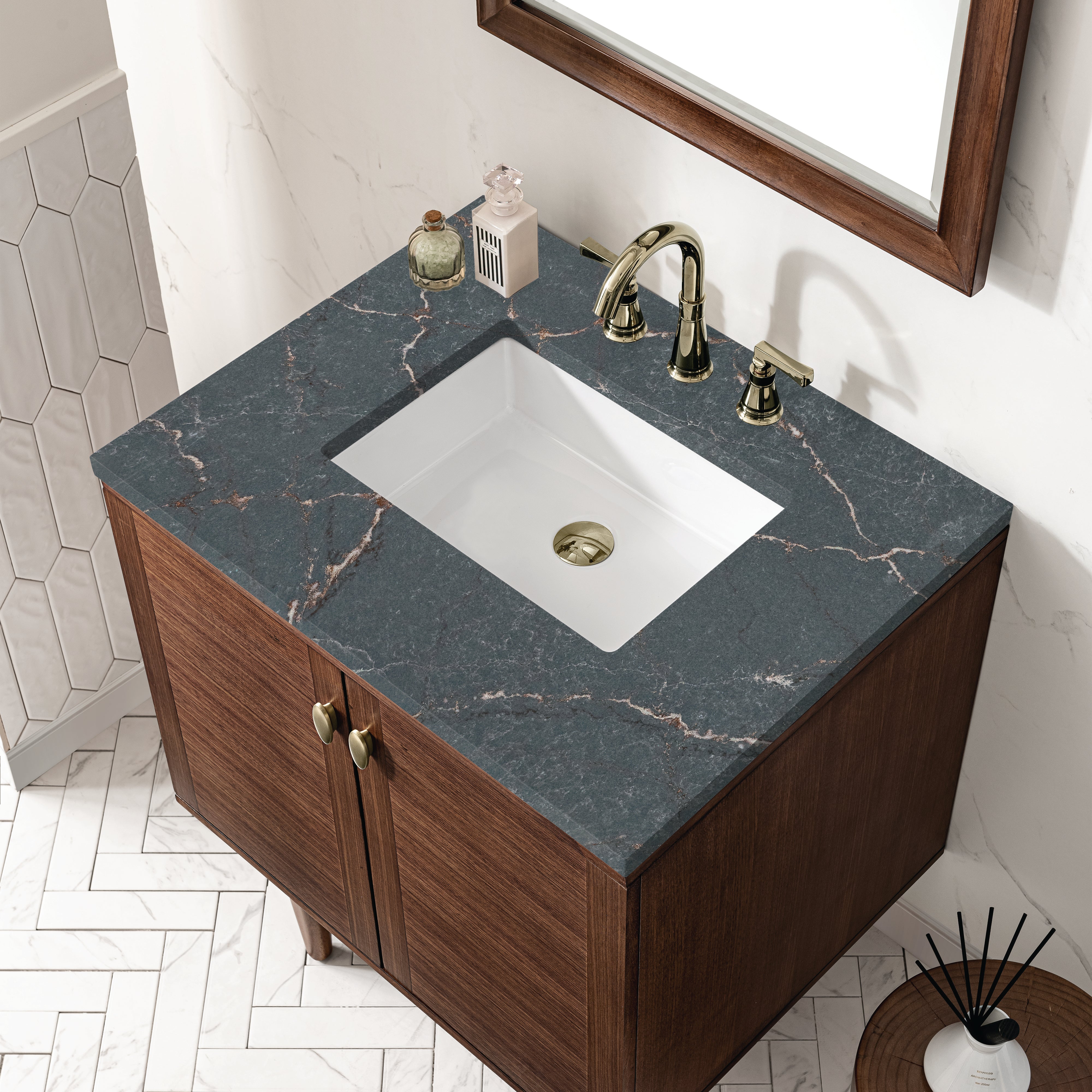 James Martin Amberly 30" Single Vanity in Mid-Century Walnut with 3cm Countertop