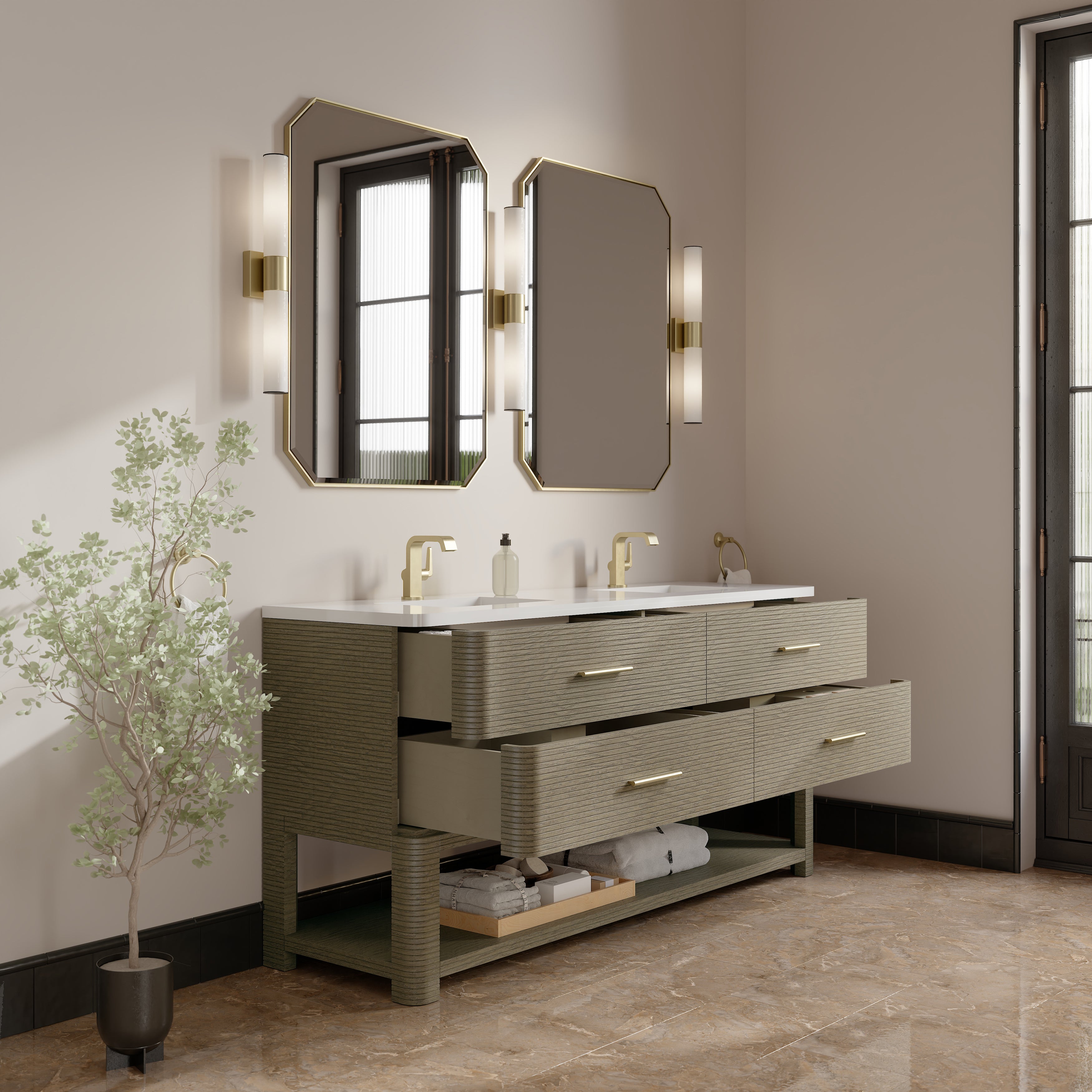 James Martin Lucian 72" Double Vanity in Pebble Oak with 3cm Countertop