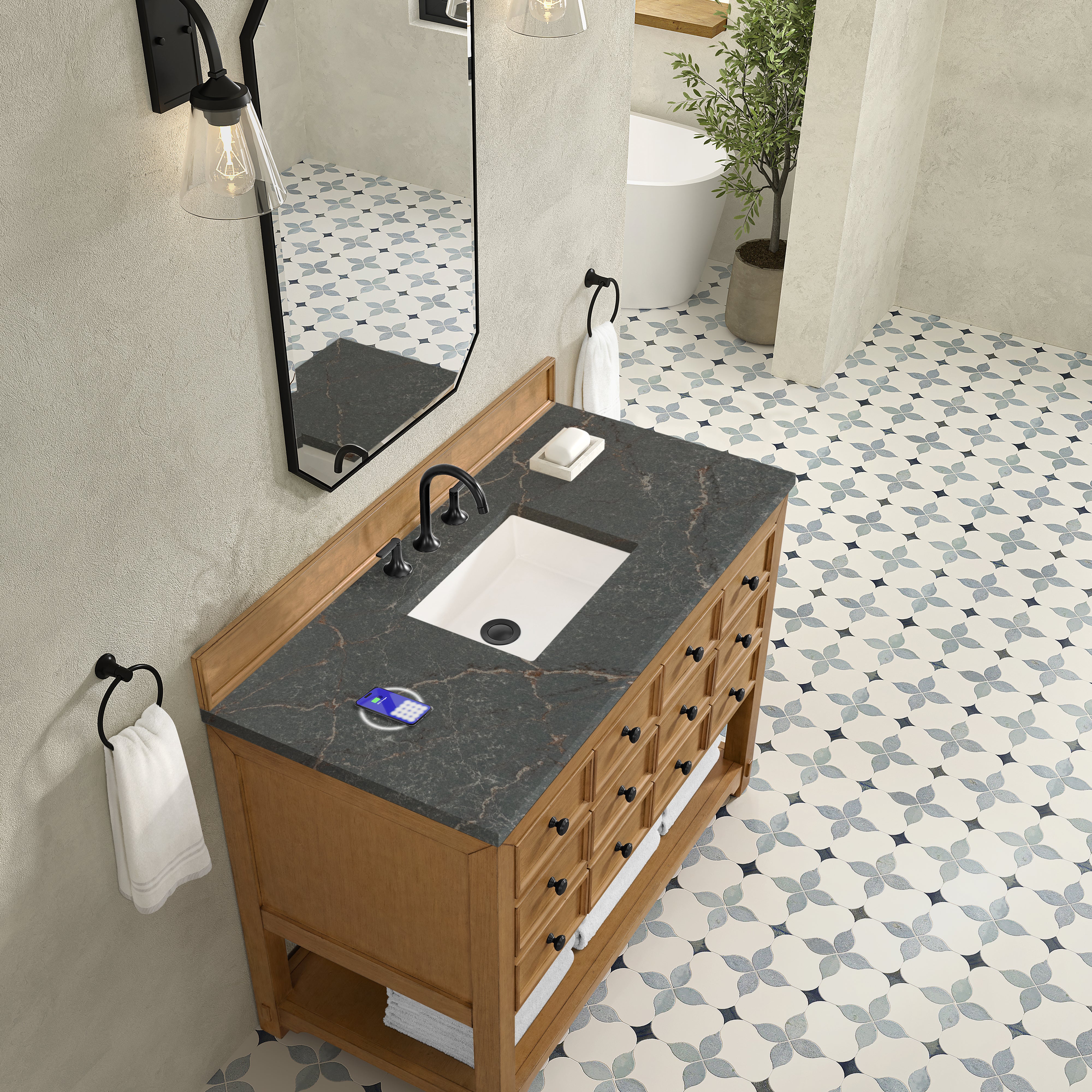 James Martin Malibu 48" Single Vanity in Amber Birch with 3cm Countertop and FreePower Wireless Charger