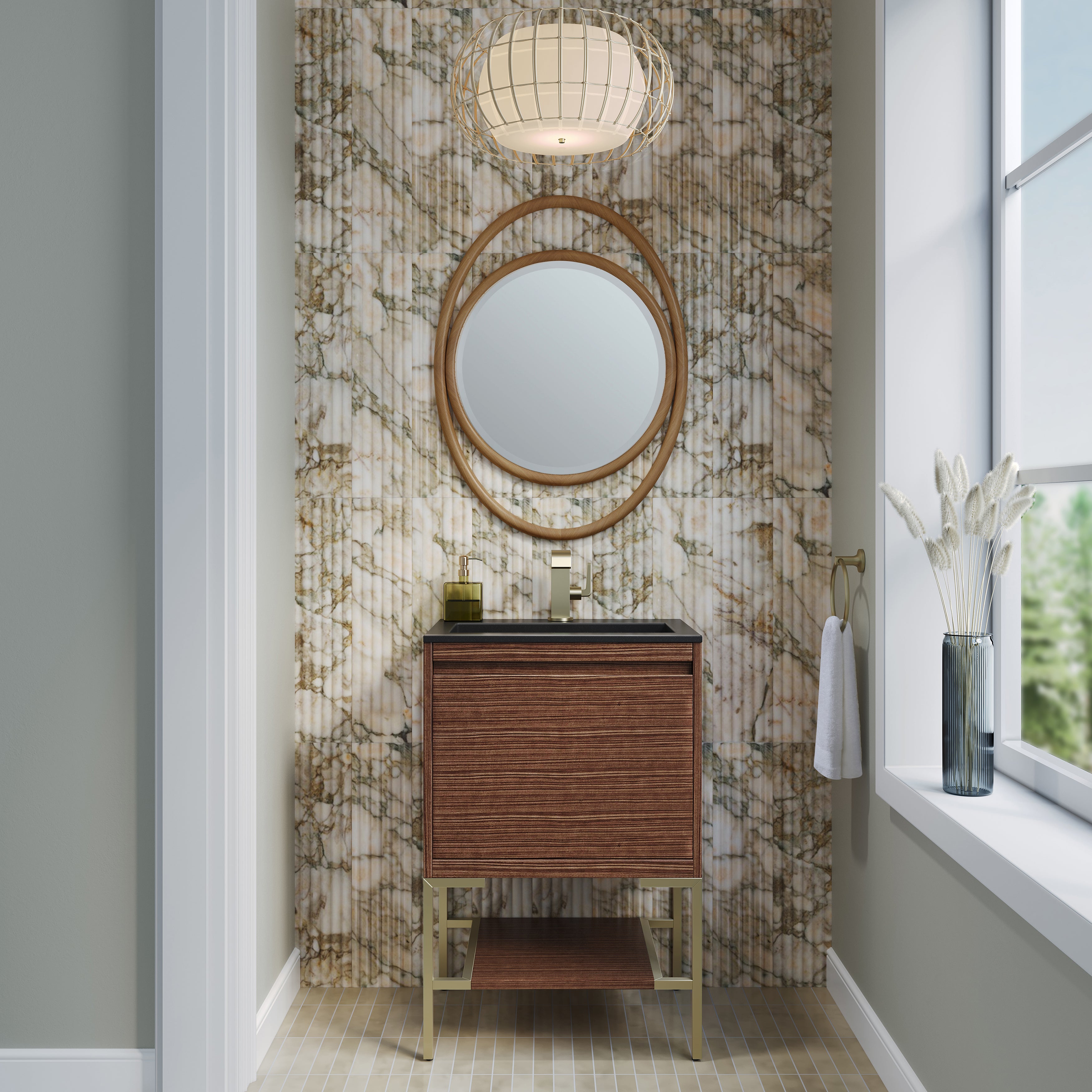 James Martin Mantova 23.6" Single Vanity, Mid-Century Walnut, Champagne Brass Base with Charcoal Black Composite Stone Top