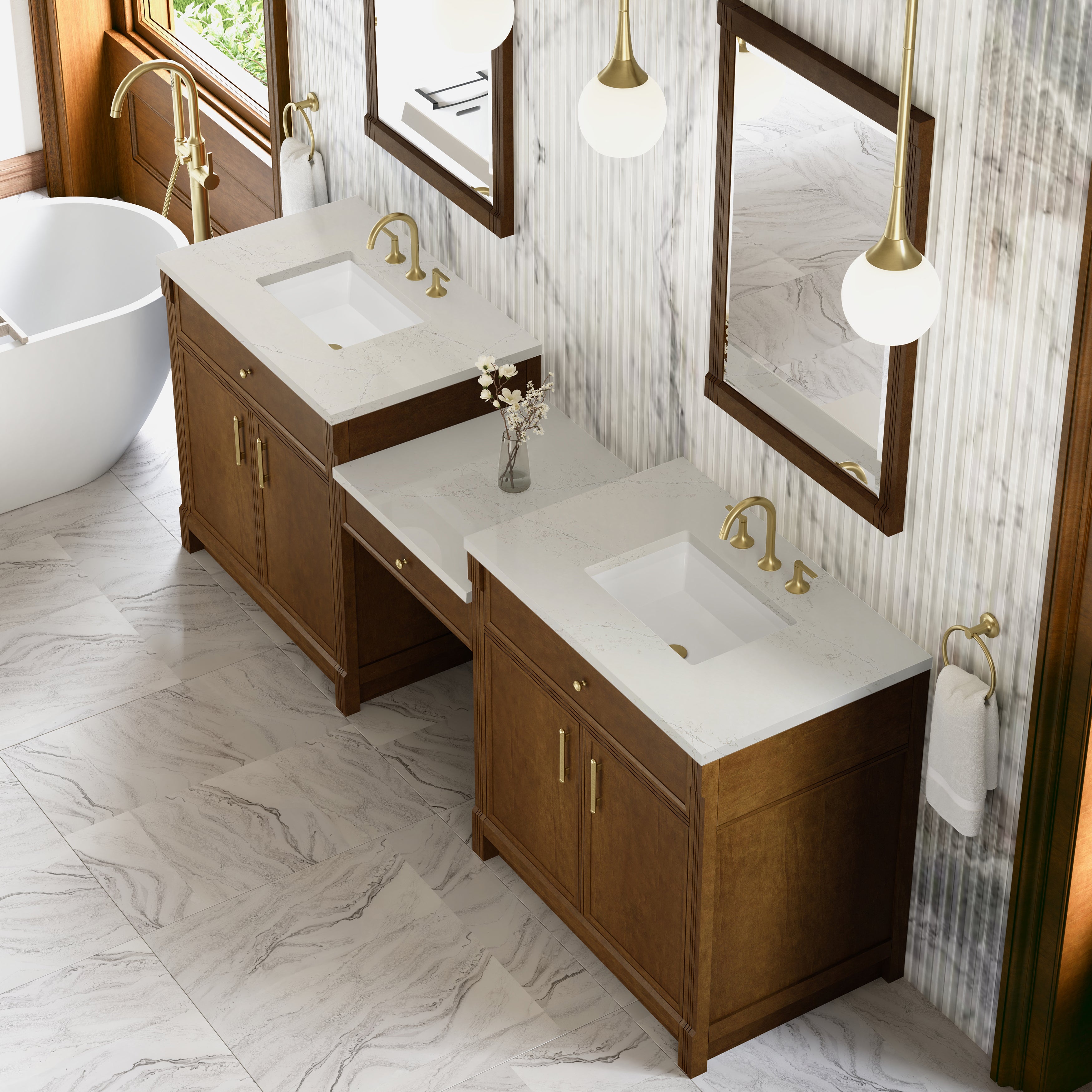 James Martin Bellshire 96" Dual Vanity Set with 24" Make-Up Counter in Honey Oak with 3cm Countertop