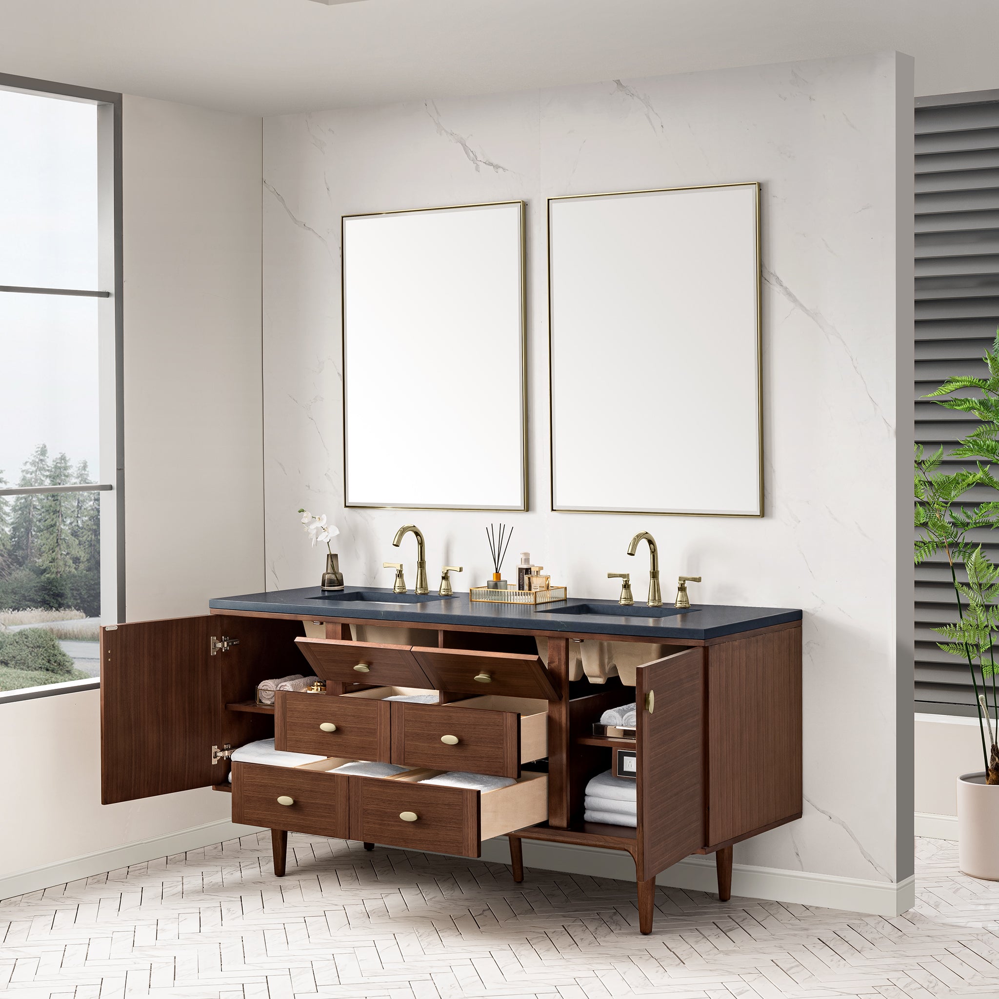 James Martin Amberly 72" Double Vanity in Mid-Century Walnut with 3cm Countertop