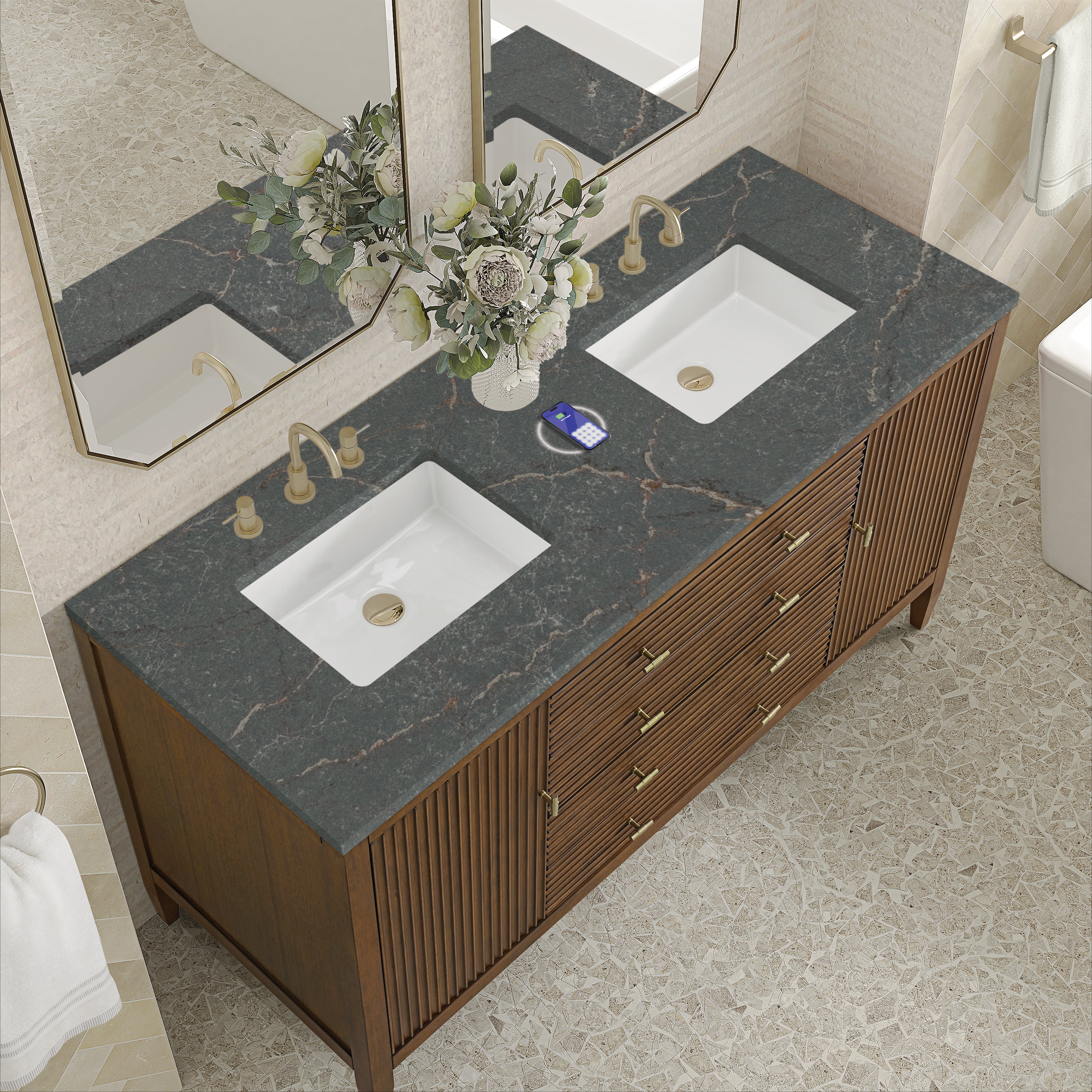 James Martin Myrrin 60" Double Vanity in Mid Century Walnut with 3cm Countertop and FreePower Wireless Charger