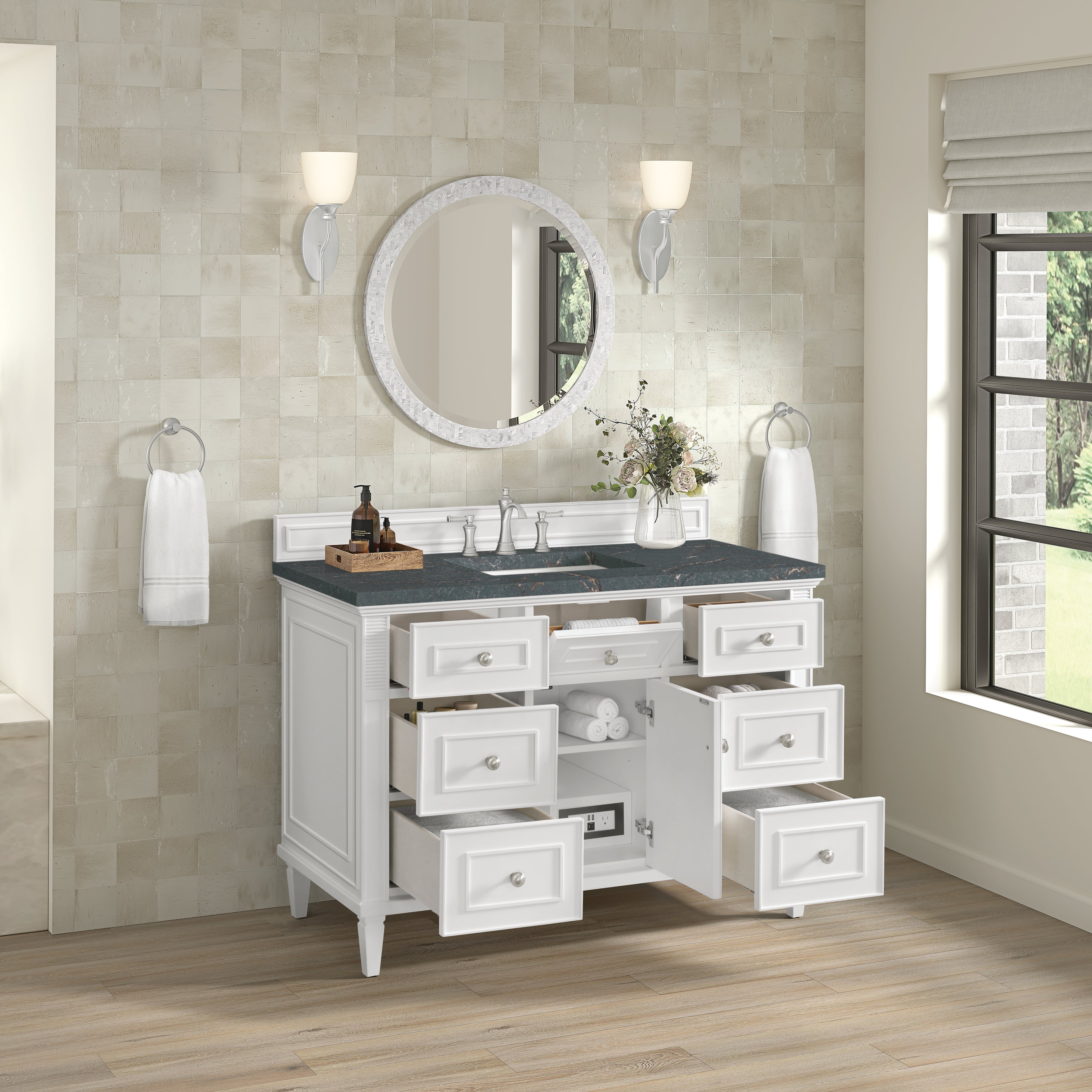 James Martin Lorelai 48" Single Vanity in Bright White with 3cm Countertop and FreePower Wireless Charger