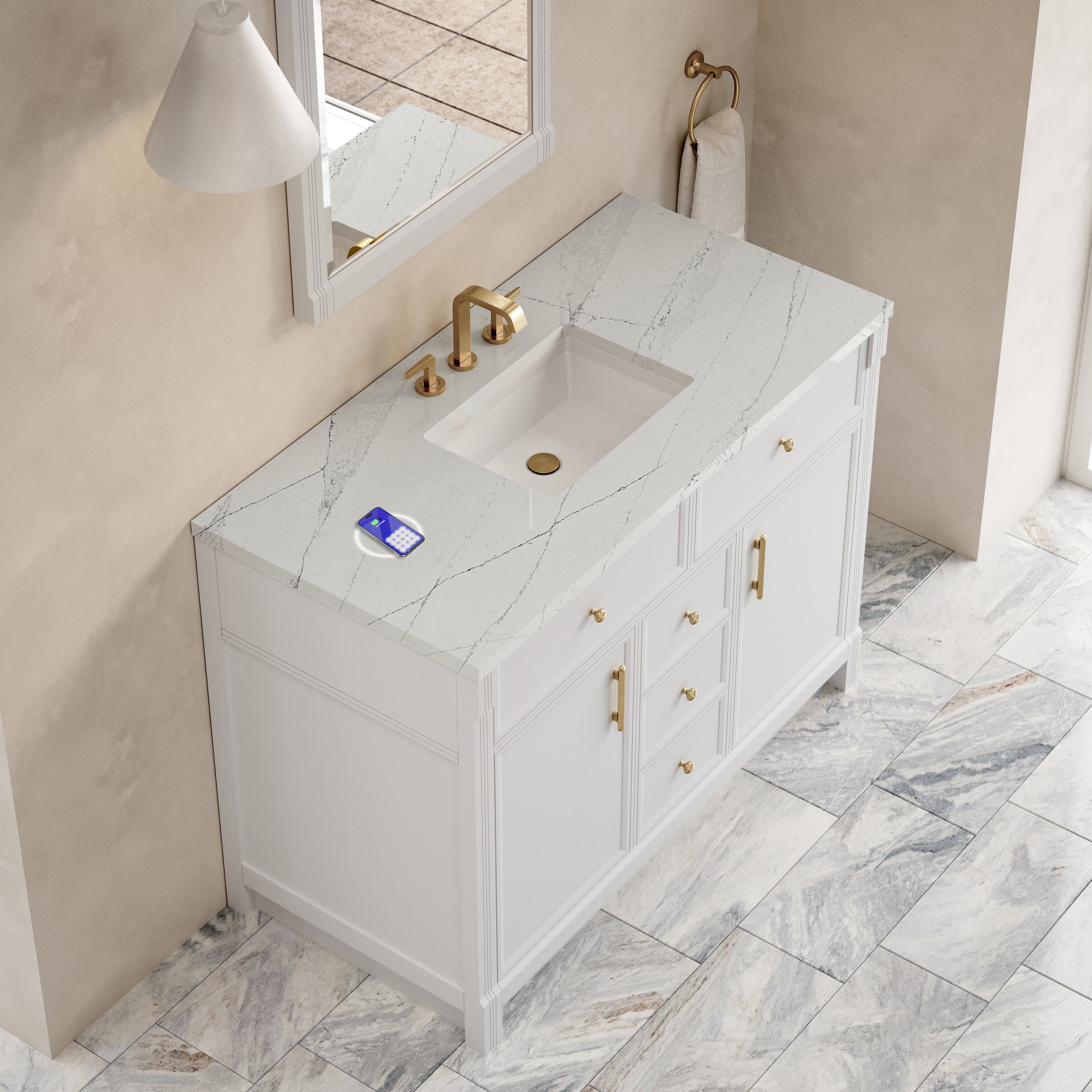 James Martin Bellshire 48" Single Vanity in Bright White with 3cm Countertop and FreePower Wireless Charger