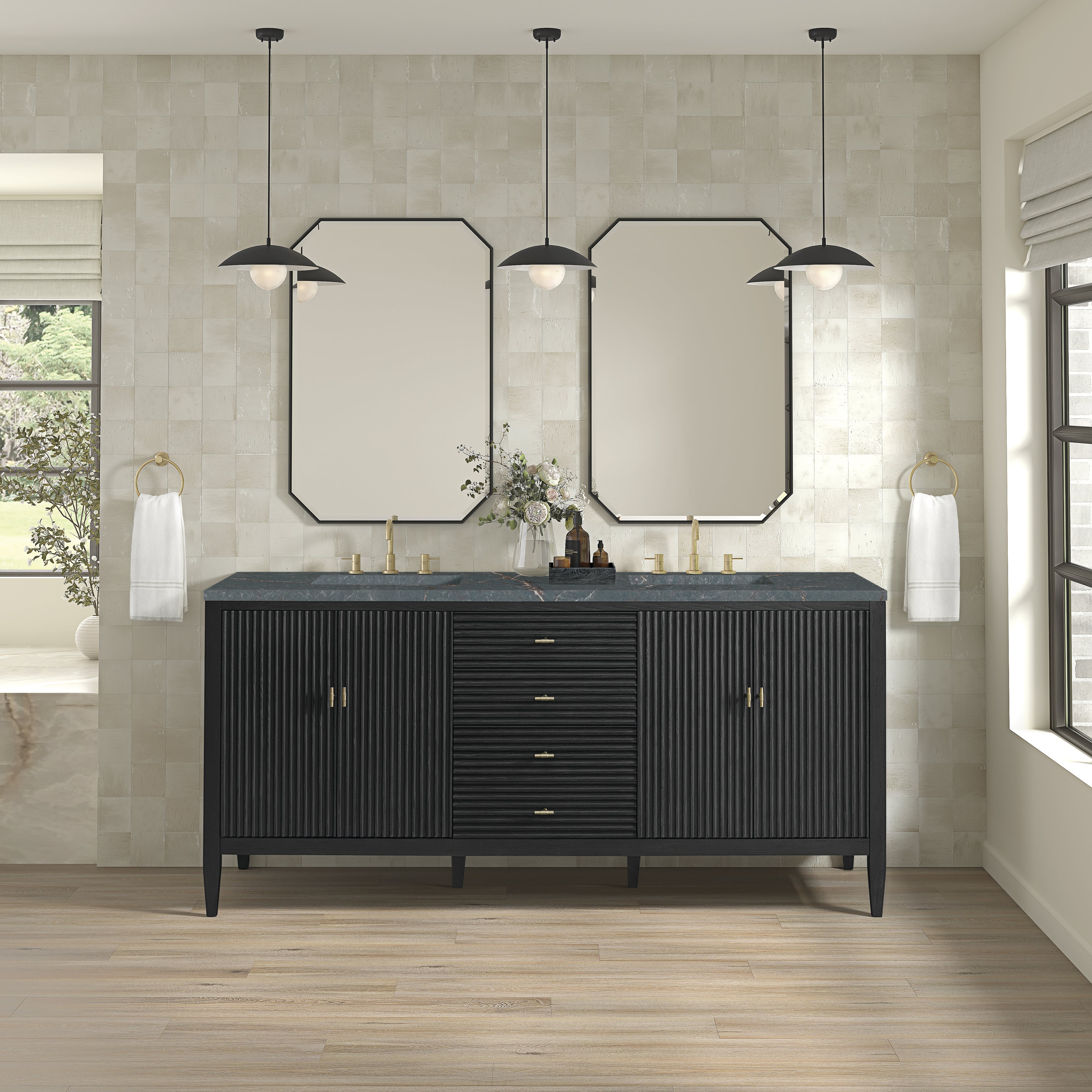 James Martin Myrrin 72" Double Vanity in Carbon Oak with 3cm Countertop and FreePower Wireless Charger