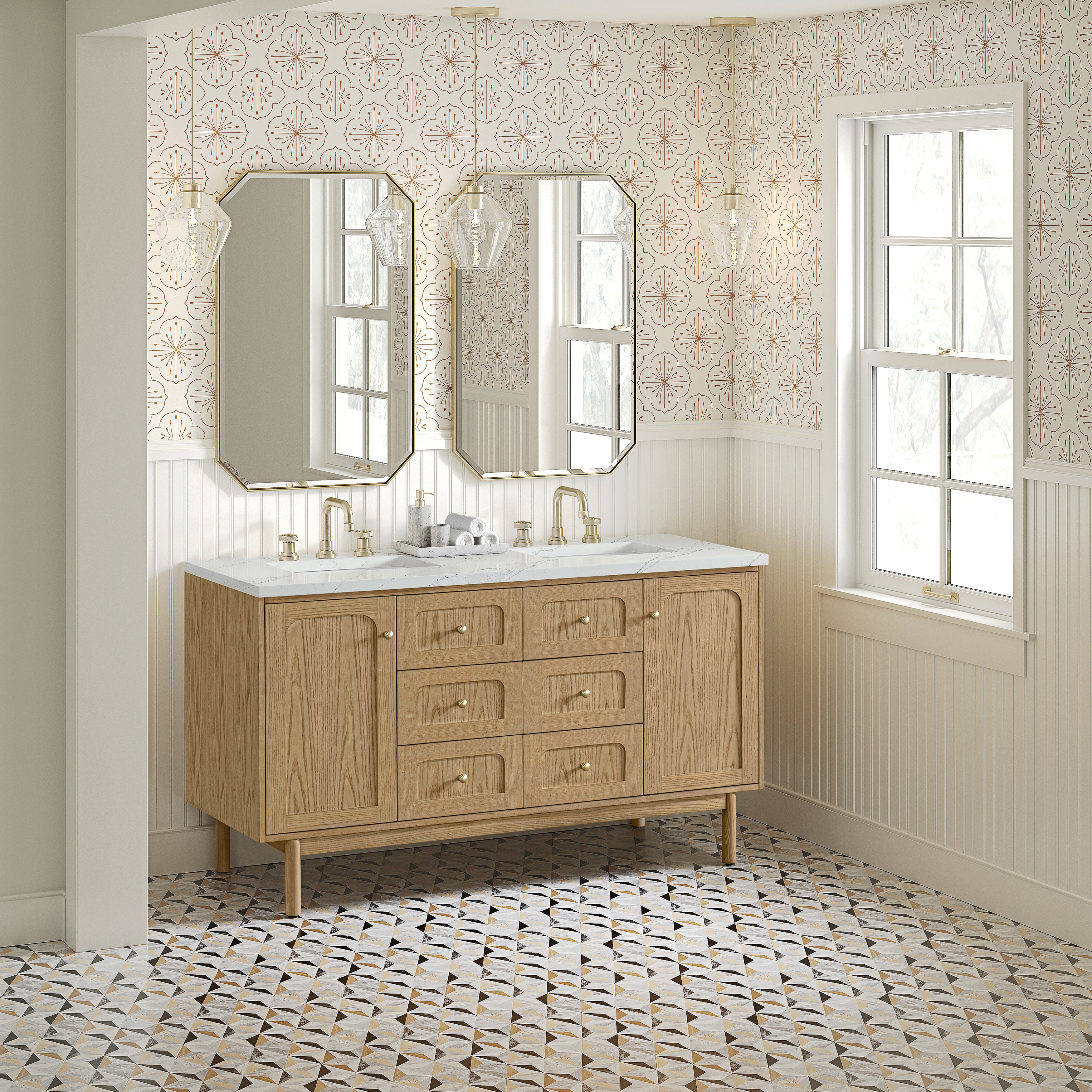 James Martin Laurent 60" Double Vanity in Light Natural Oak with 3cm Countertop and FreePower Wireless Charger