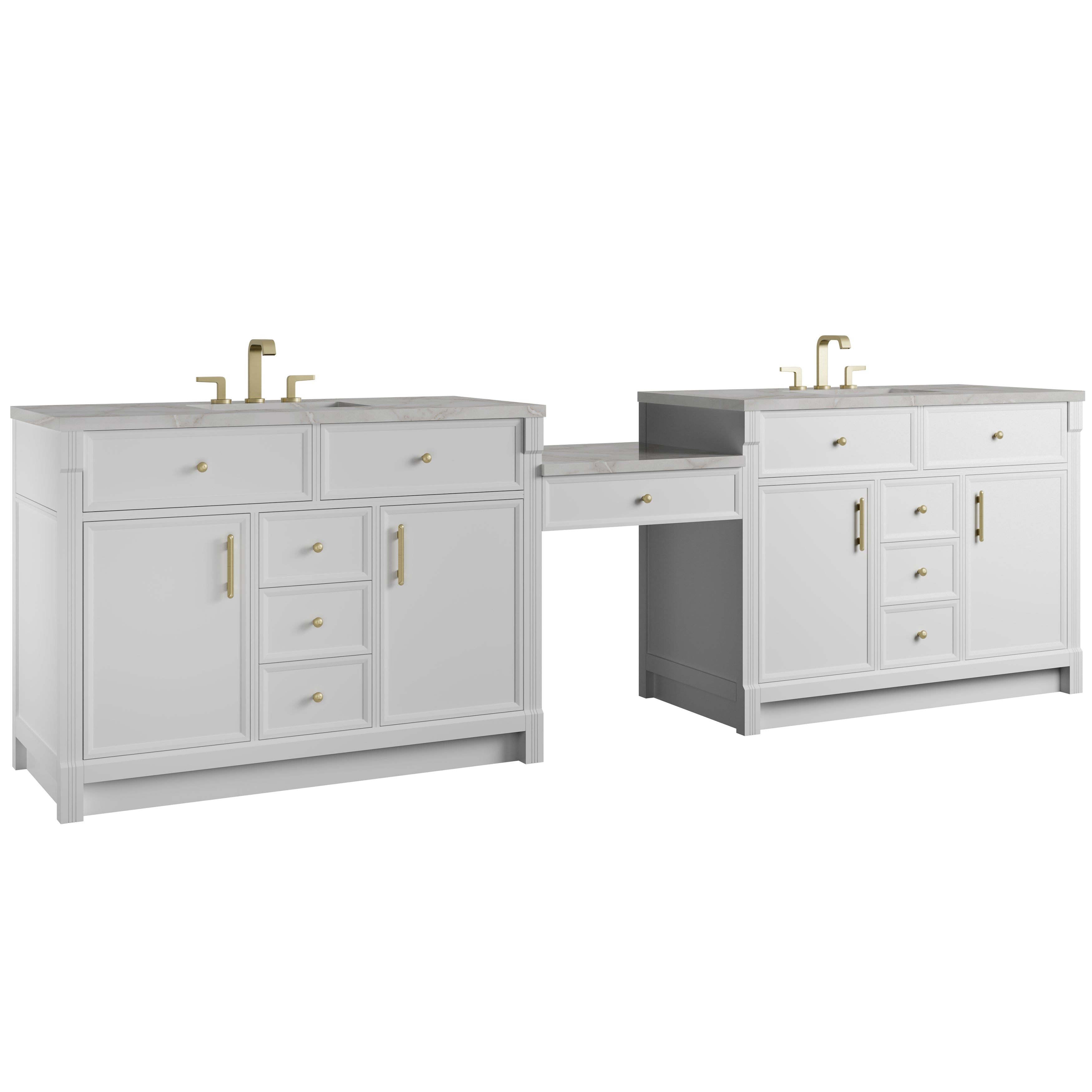 James Martin Bellshire 120" Dual Vanity Set with 24" Make-Up Counter in Bright White with 3cm Countertop and FreePower Wireless Charger