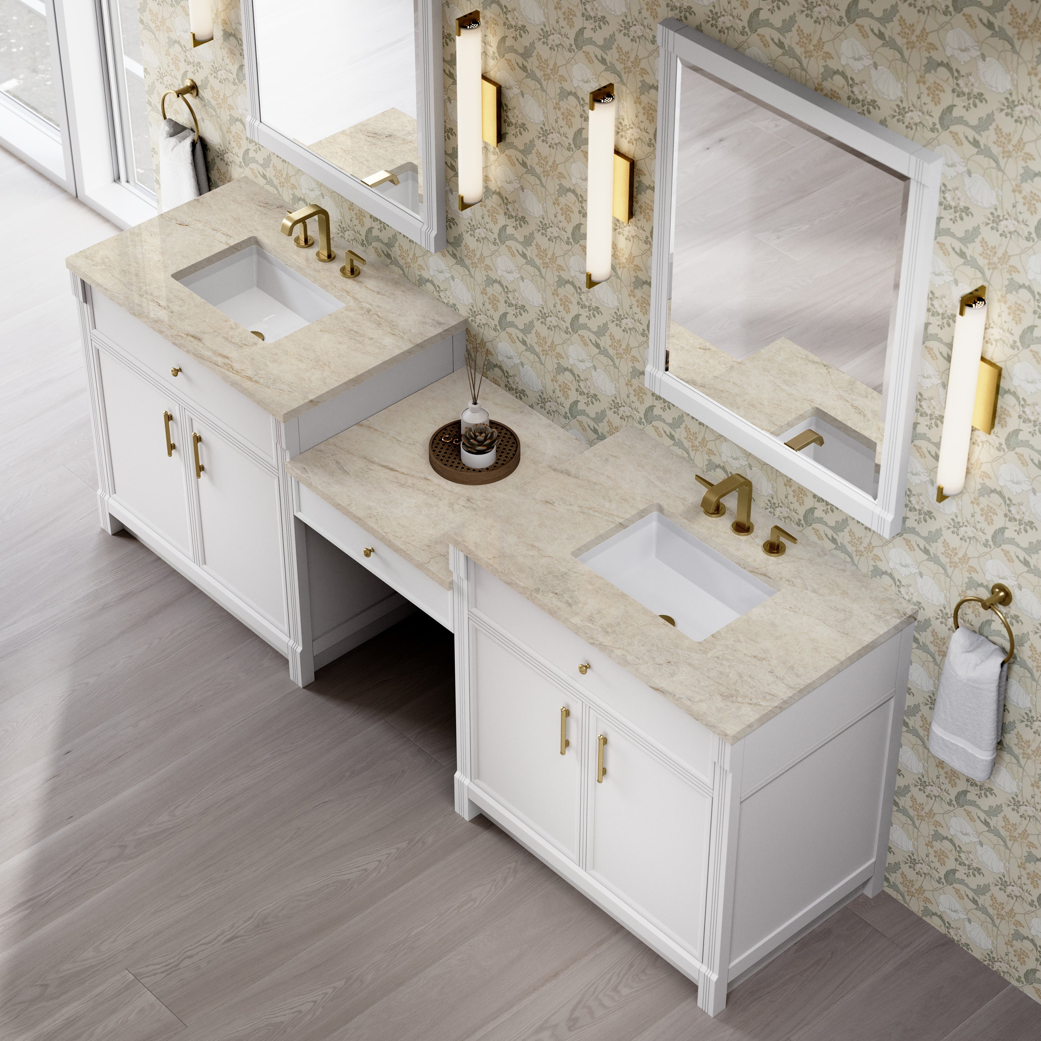 James Martin Bellshire 96" Dual Vanity Set with 24" Make-Up Counter in Bright White with 3cm Countertop