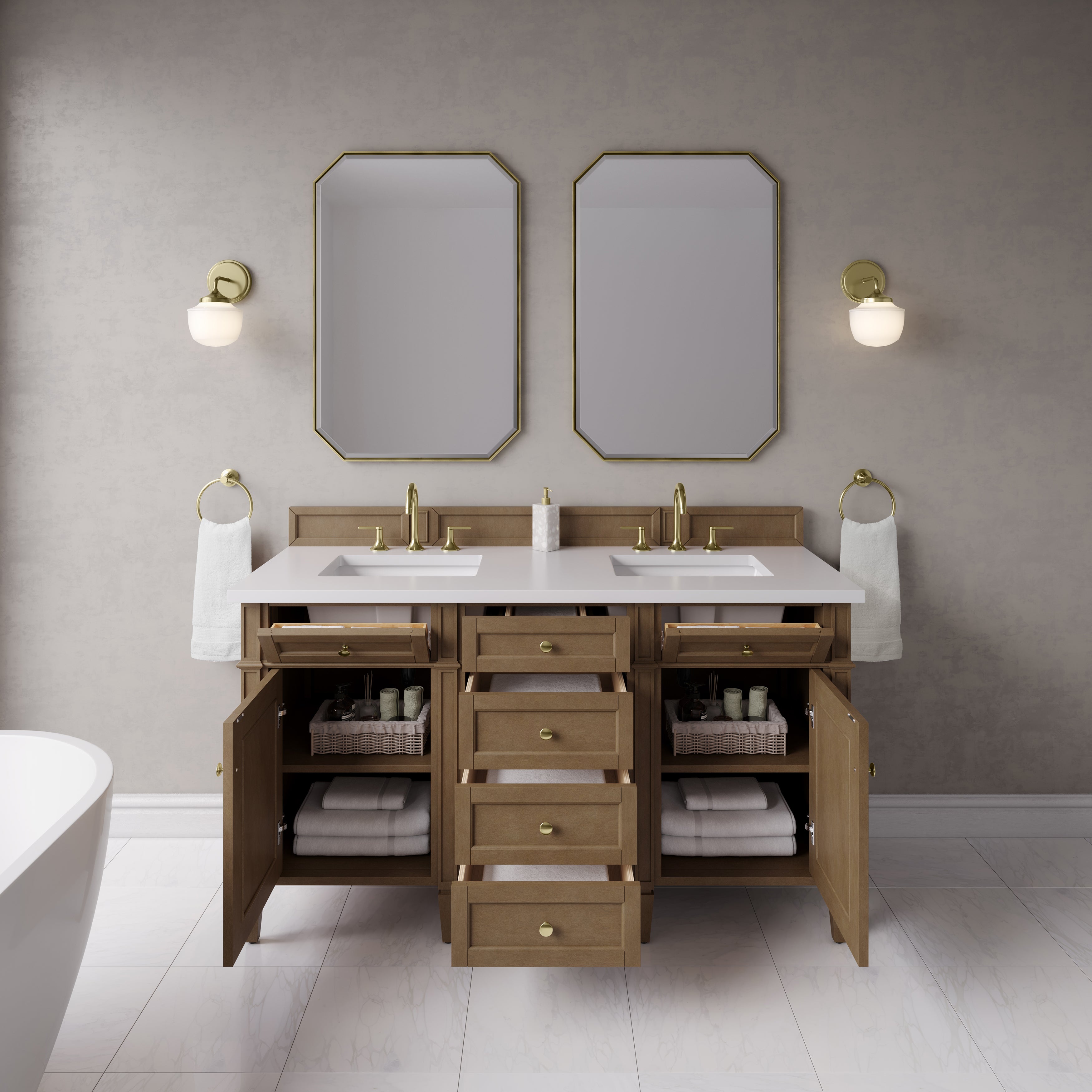 James Martin Brittany 60" Double Vanity in Pecan with 3cm Countertop