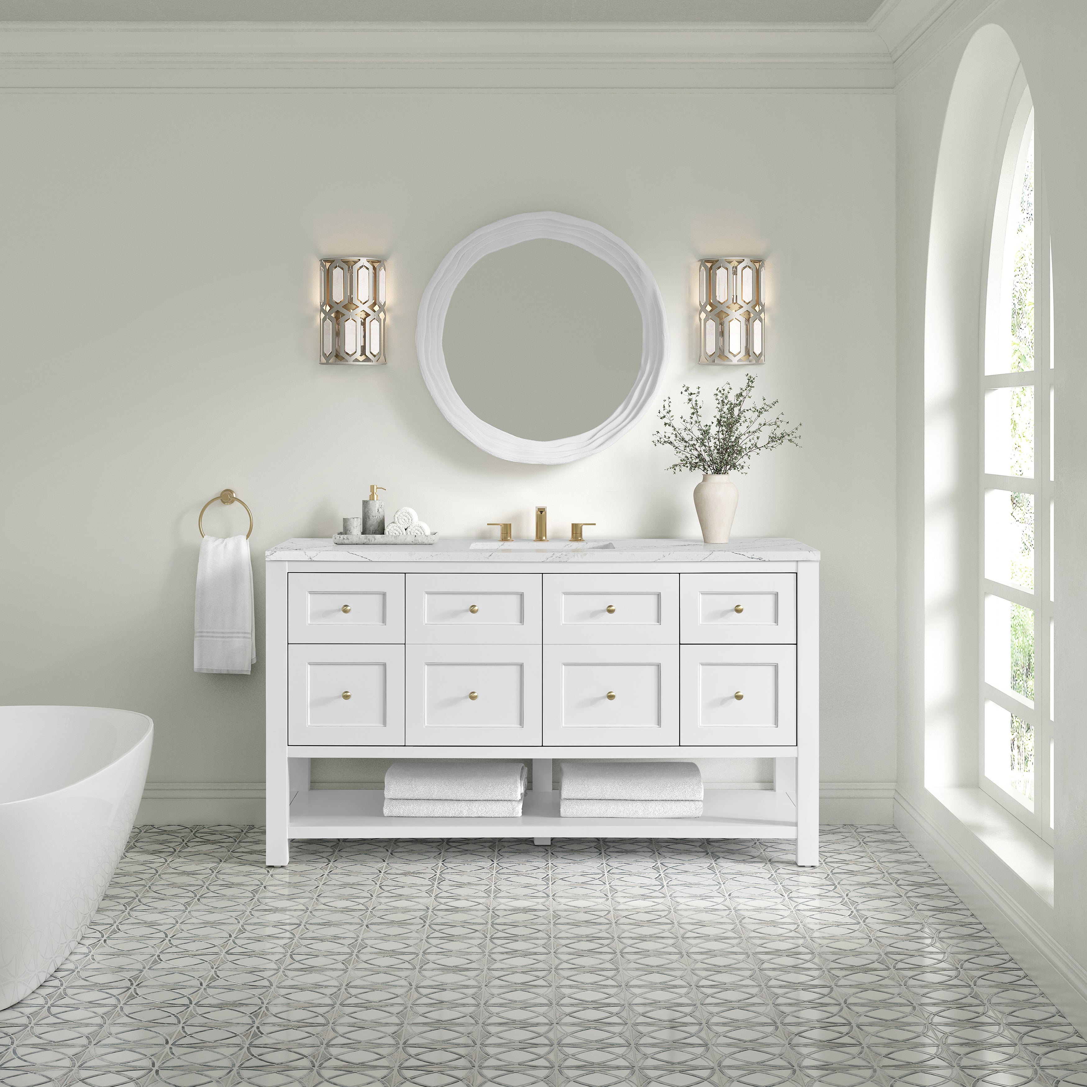 James Martin Breckenridge 60" Single Vanity in Bright White with 3cm Countertop and FreePower Wireless Charger