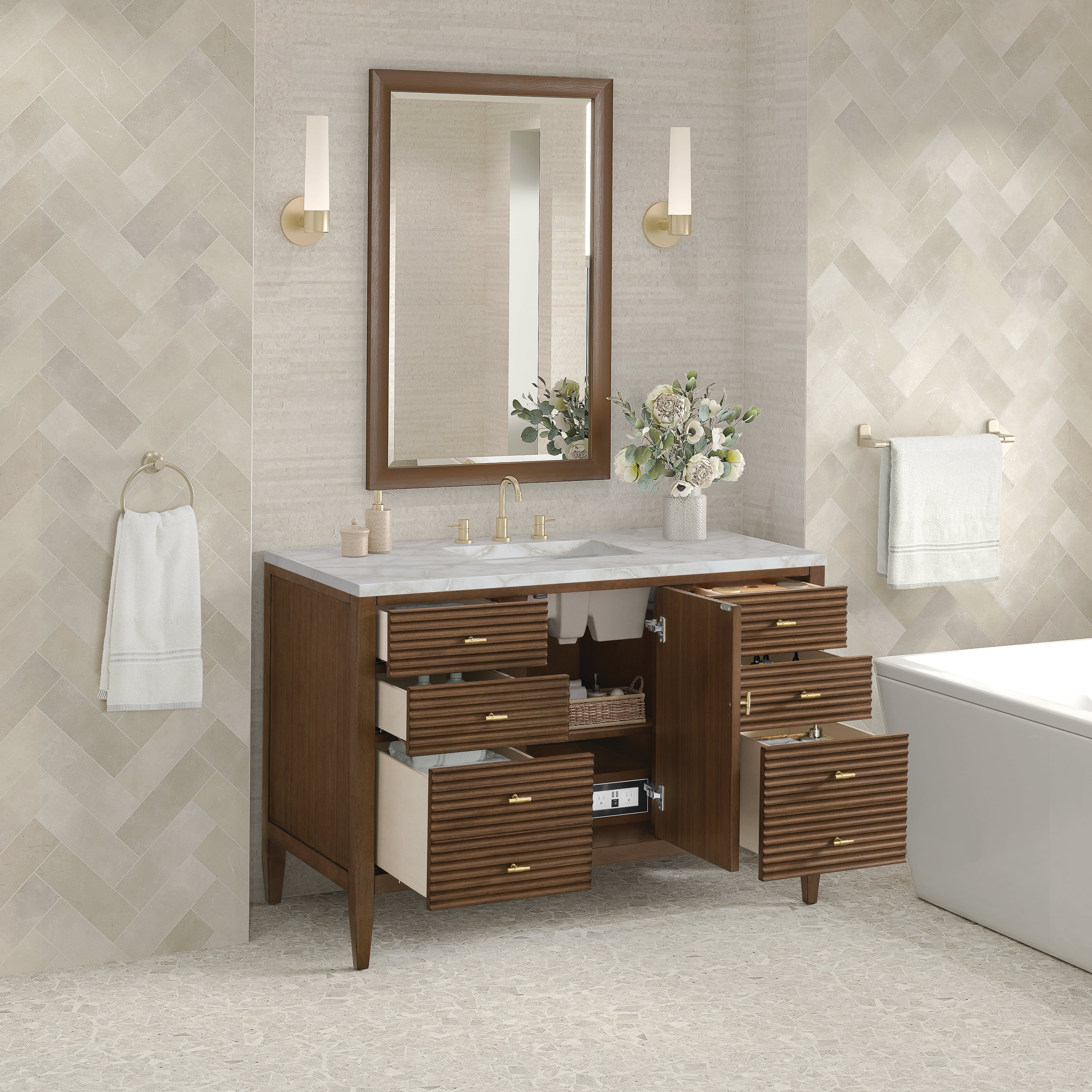 James Martin Myrrin 48" Single Vanity in Mid Century Walnut with 3cm Countertop