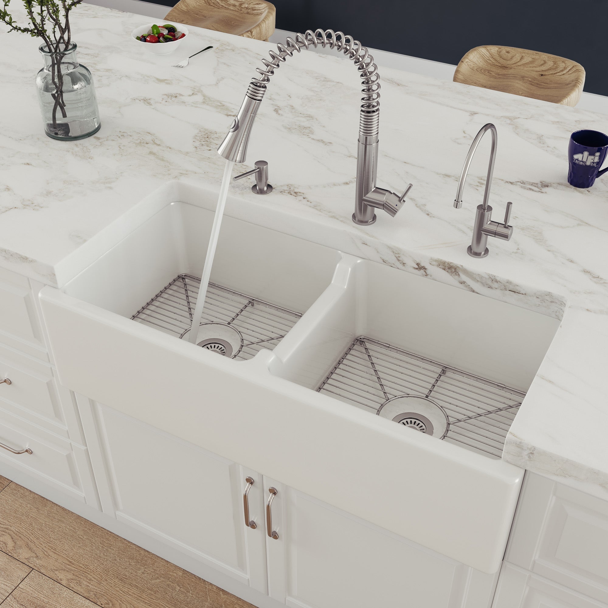 ALFI brand AB3918DB Smooth Apron Thick Wall Fireclay Double Bowl Farm Sink