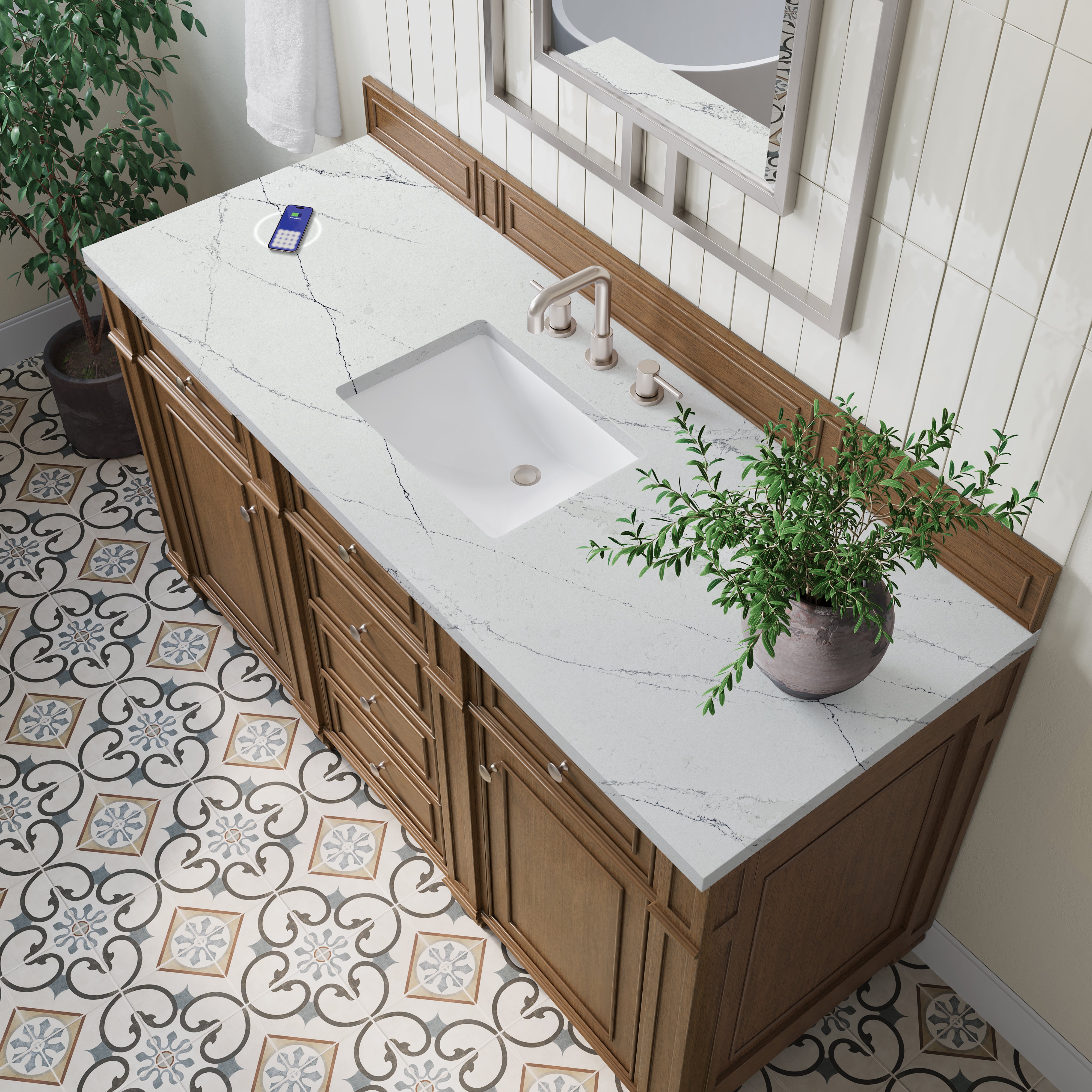 James Martin Bristol 60" Single Vanity in Saddle Brown with 3cm Countertop and FreePower Wireless Charger