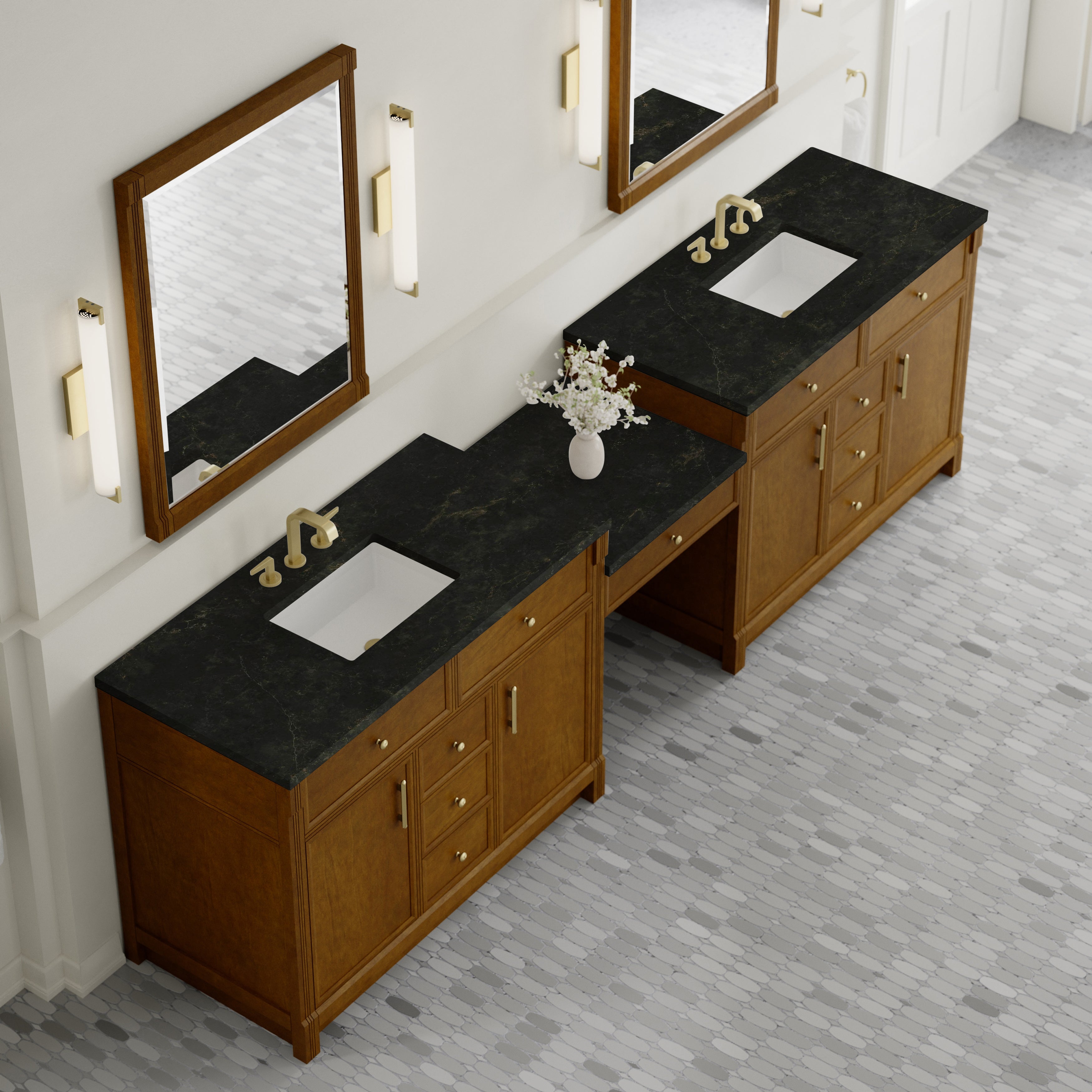 James Martin Bellshire 120" Dual Vanity Set with 24" Make-Up Counter in Honey Oak with 3cm Countertop