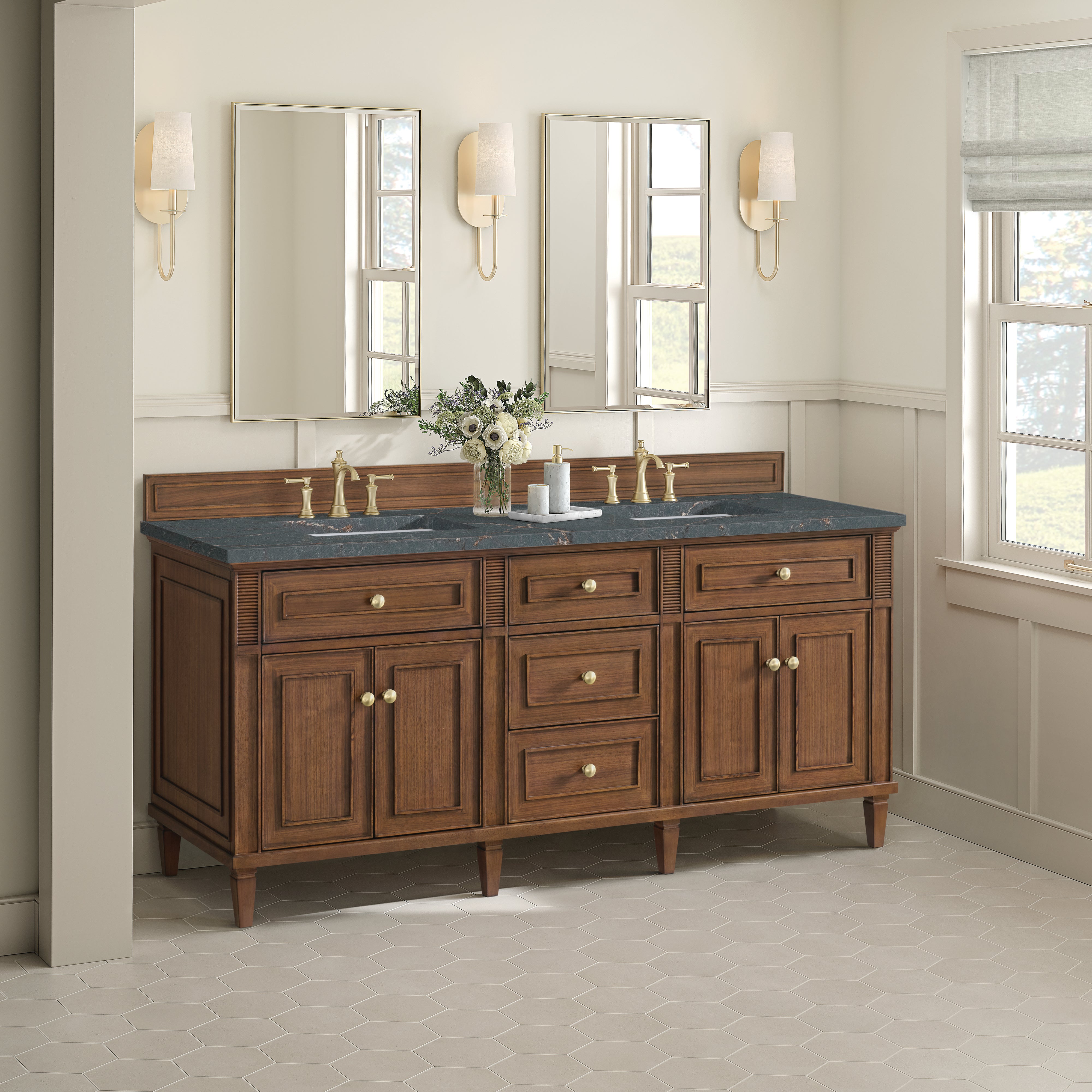 James Martin Lorelai 72"Double Vanity in Mid-Century Walnut with 3cm Countertop and FreePower Wireless Charger