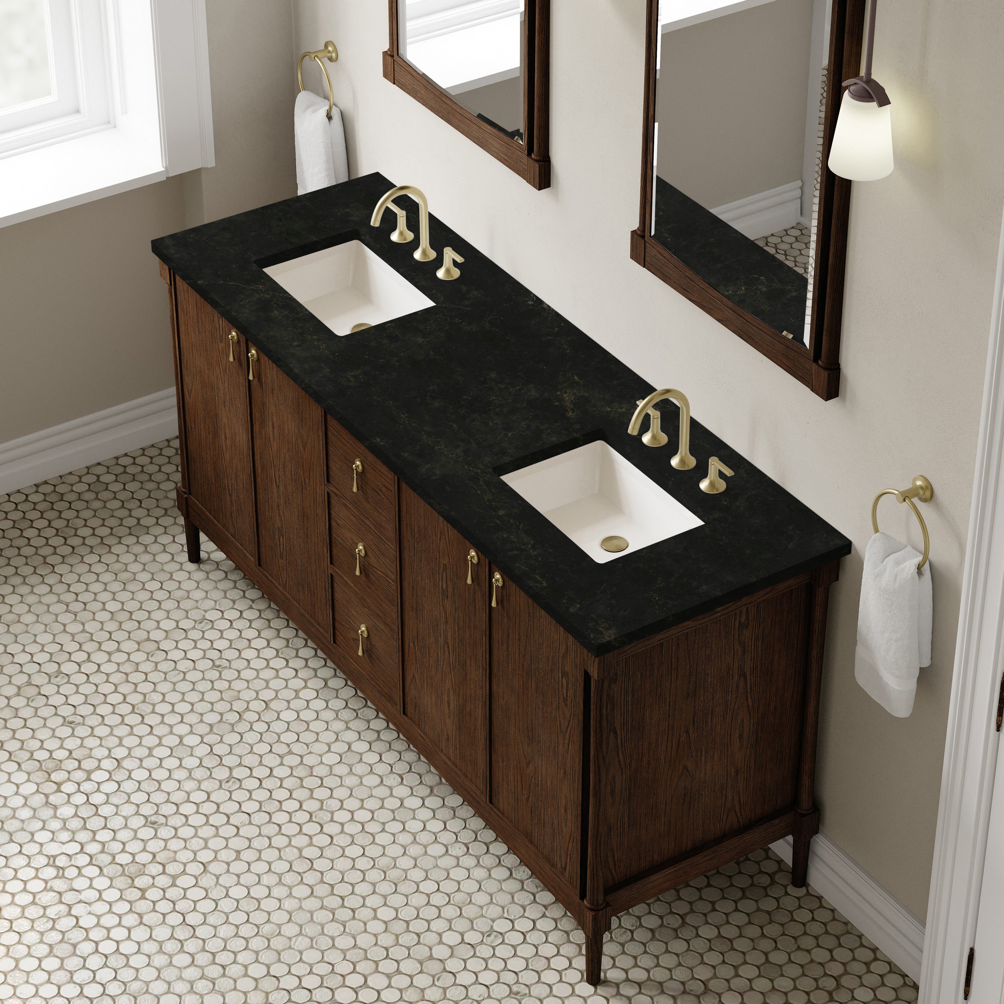 James Martin Kinnsden 72" Double Vanity in Sable Oak with 3cm Carrara Marble Top